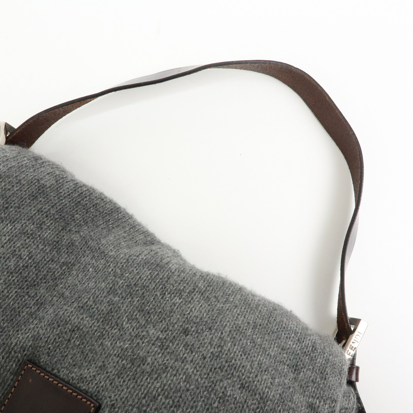 FENDI Mamma Baguette Wool Leather Shoulder Bag Grey Brown 26325