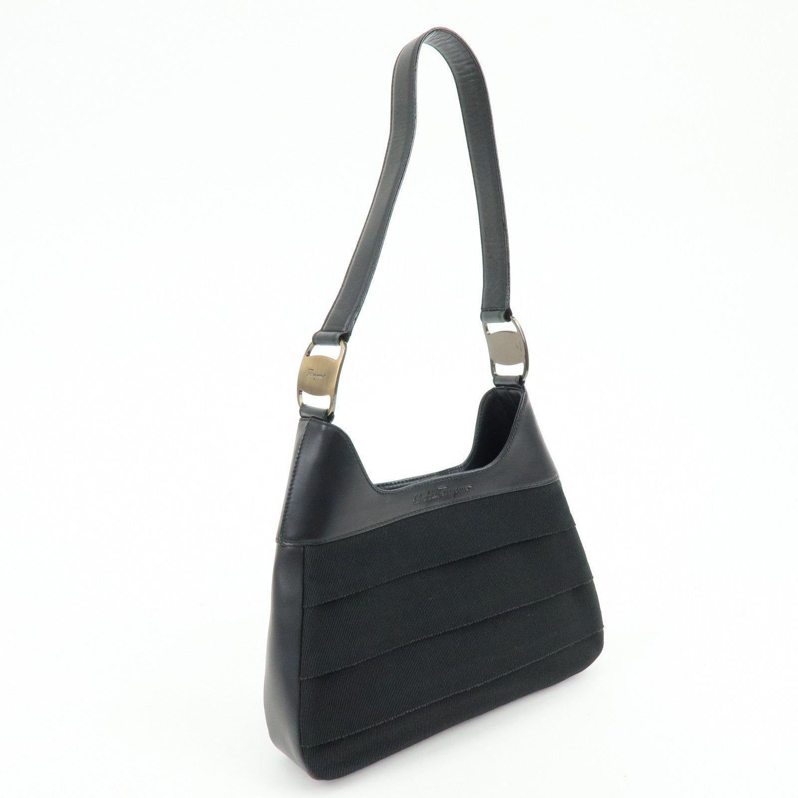 Ferragamo Vara Canvas Leather Shoulder Bag Hand Bag Black