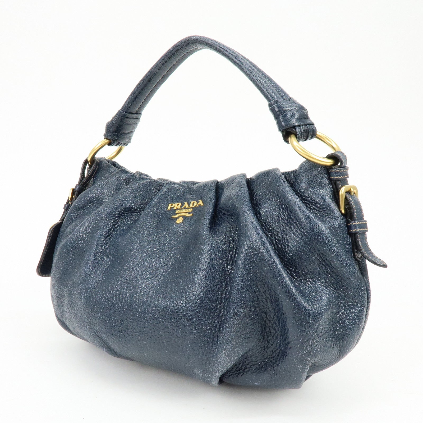 PRADA Logo Shiny Coated Leather Shoulder Bag Hand Bag Navy BR4070