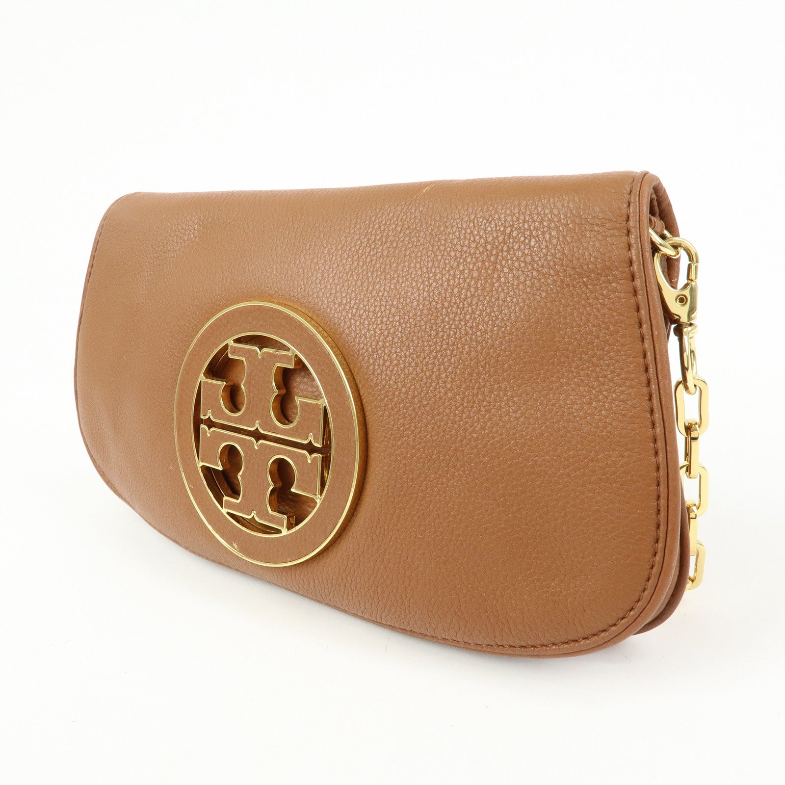 TORY BURCH Leather Flap Shoulder Bag Crossbody Bag Clutch Brown