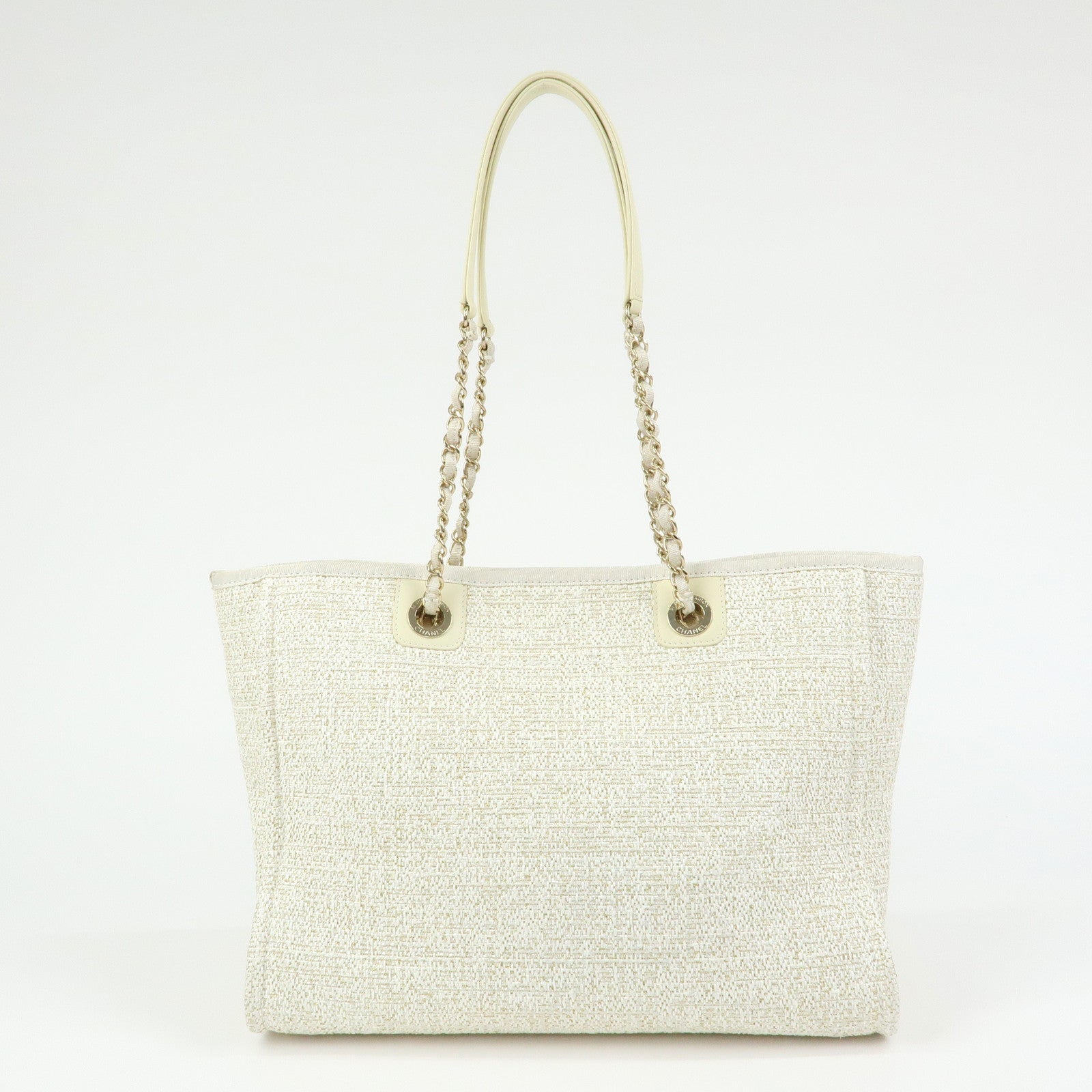 CHANEL Deauville MM Straw Leather Tote Shoulder Bag White A67001