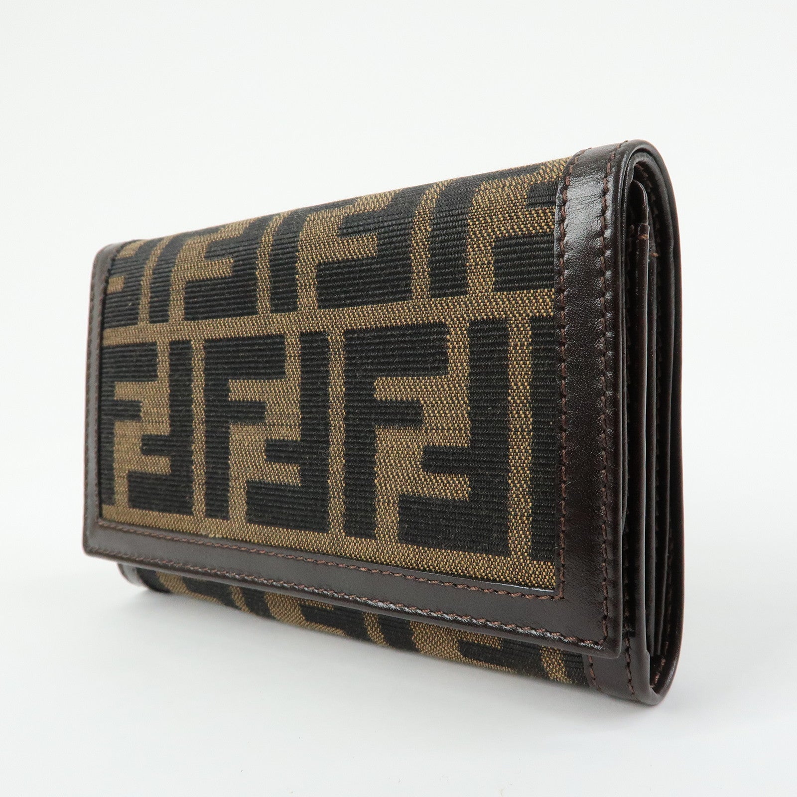 FENDI Zucca Canvas Leather Compact Wallet Brown Black 31052