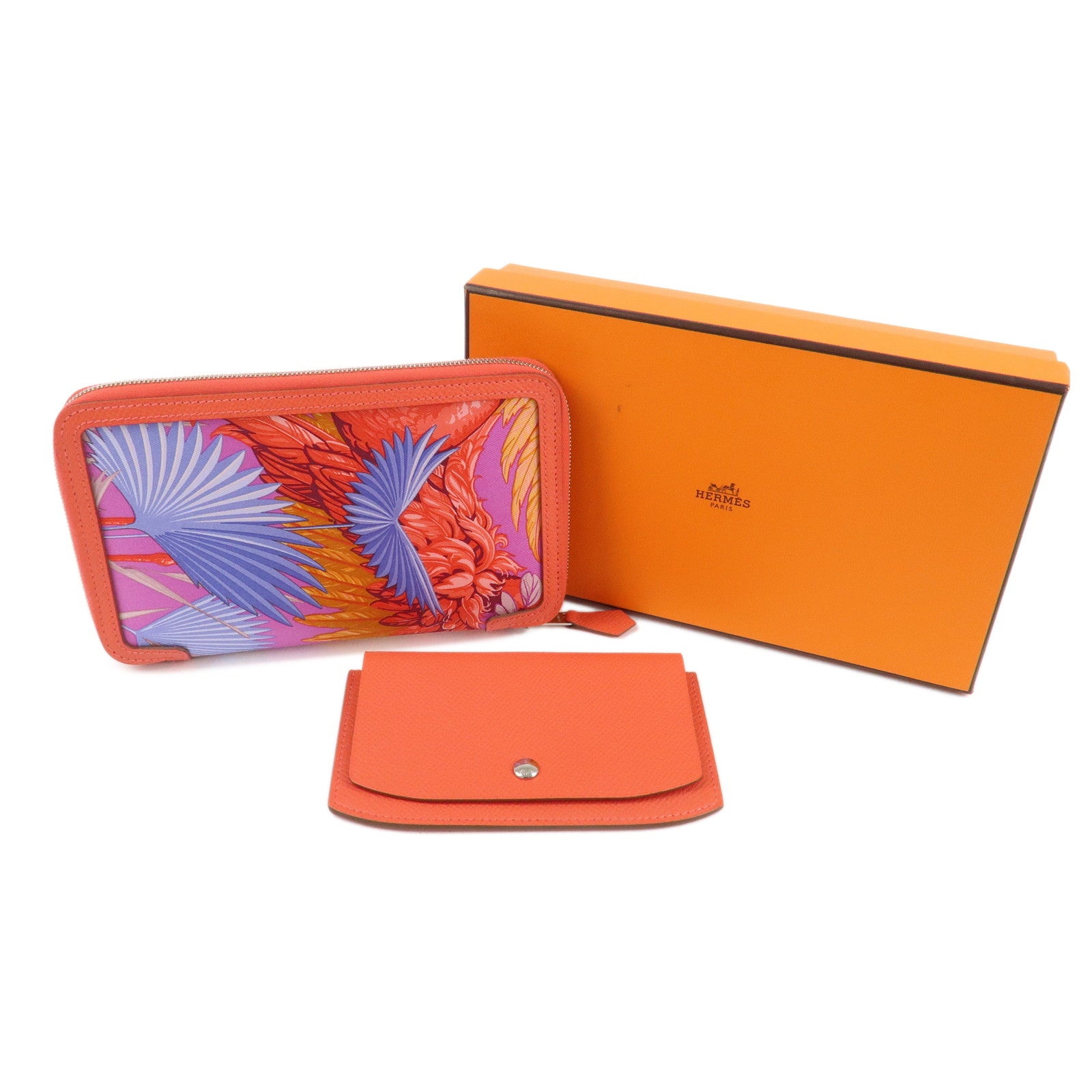 HERMES Soie Cool Flamingo Party Silk Leather Wallet Rose Gype Used