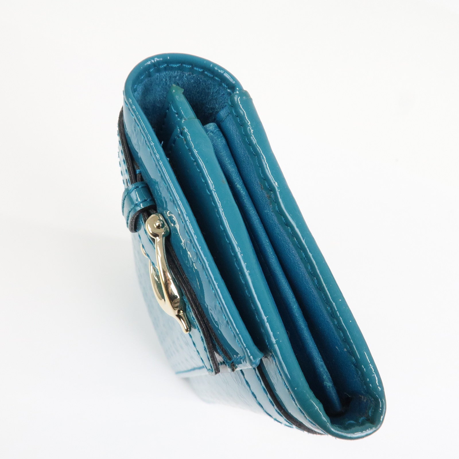 GUCCI  Patent Leather Flap Long Wallet Blue Green 309760