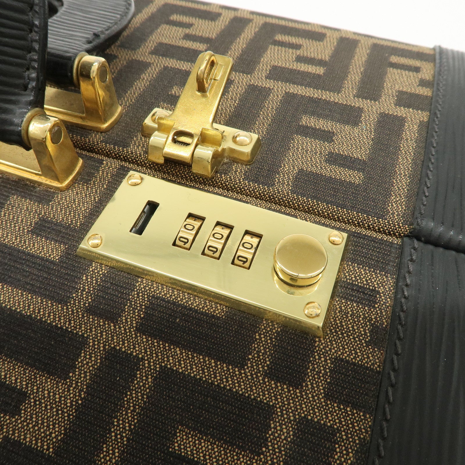 FENDI Zucca Canvas Leather Vanity Bag Makeup Box Brown Black