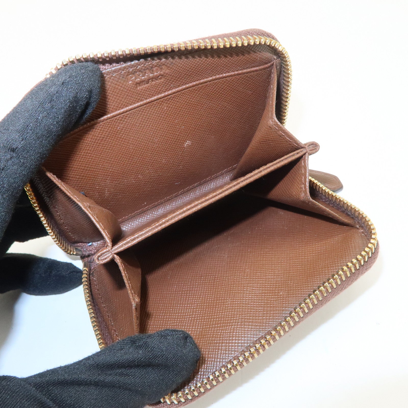 PRADA Triangle Logo Saffiano Leather Coin Case Coin Purse Brown