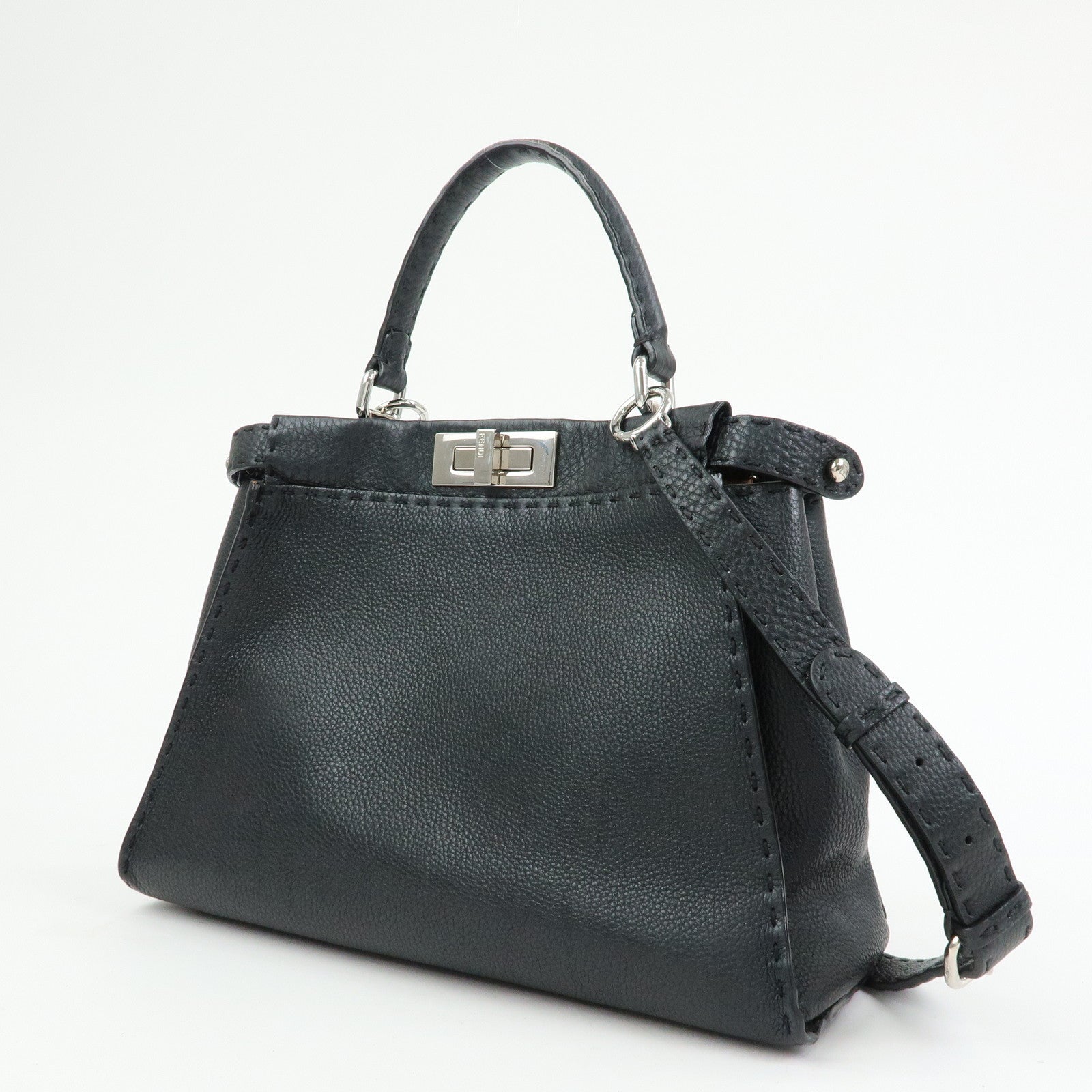 FENDI Peekaboo Selleria Leather 2Way Hand Shoulder Bag Black 8BN290