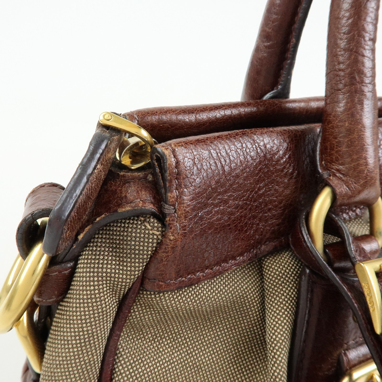 PRADA Logo Jacquard Leather 2Way Bag Hand Bag Shoulder Bag Brown