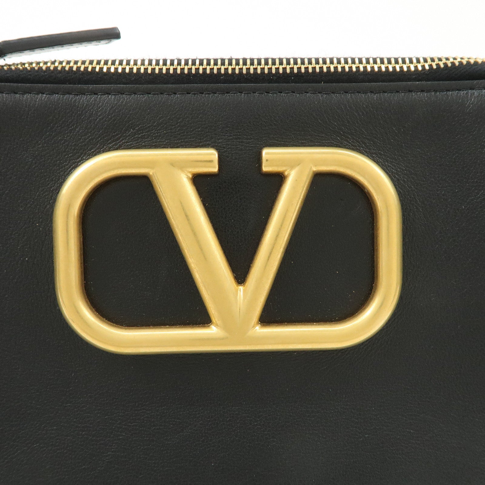 VALENTINO Leather Pouch Clutch Bag Black Gold Hardware