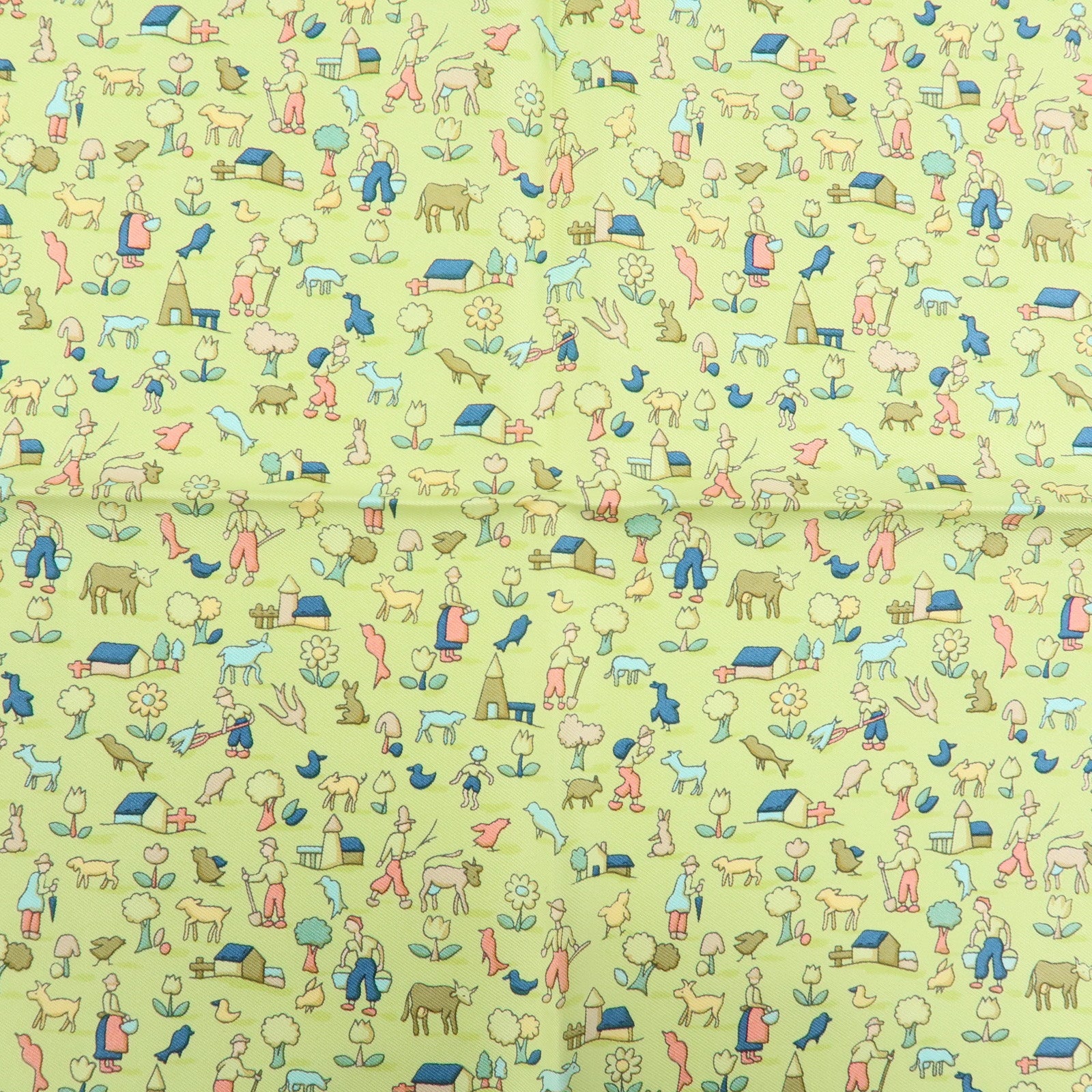 HERMES Petit Carre 40 Silk 100% Mini Scarf Farm Motif Green Yellow