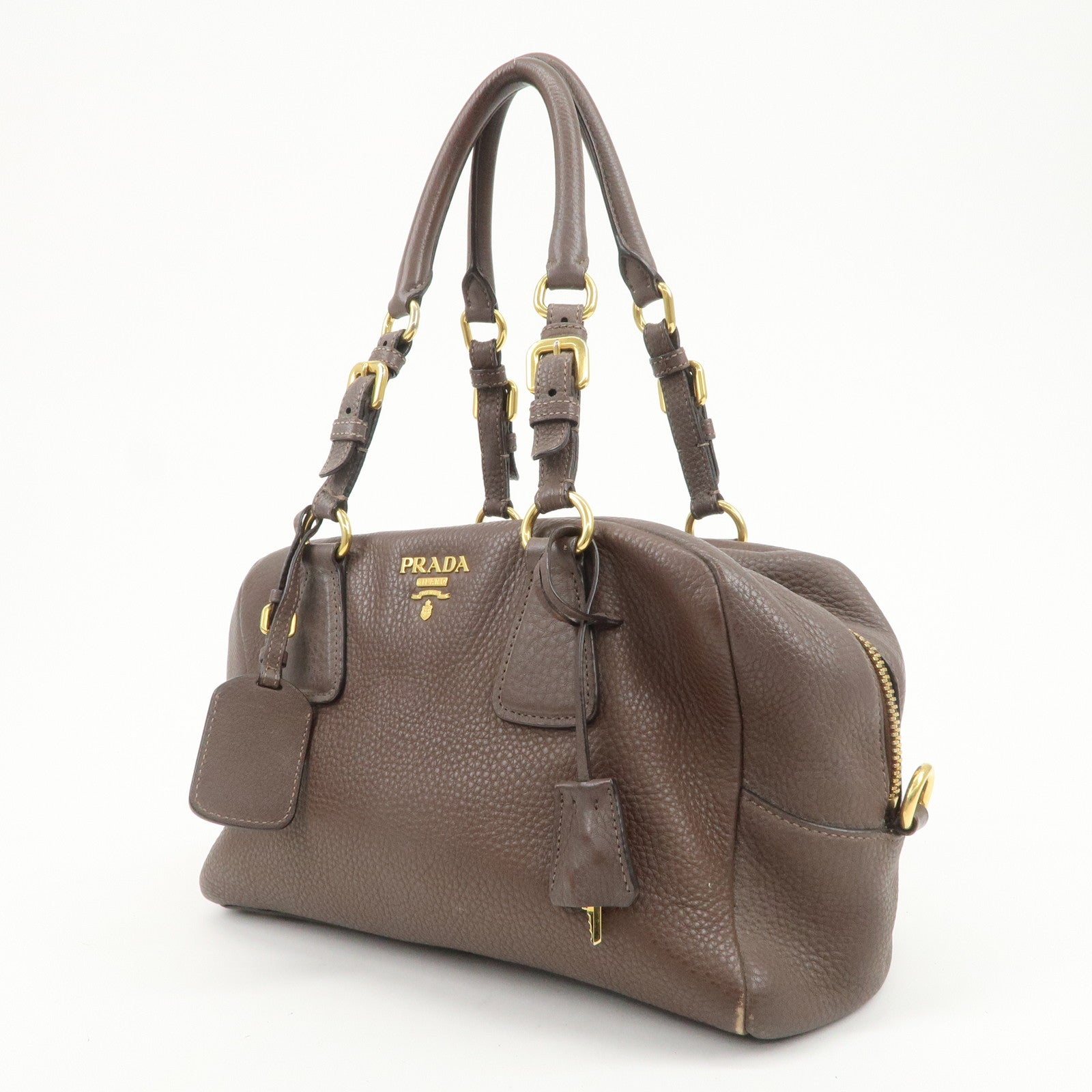 PRADA Logo Leather Shoulder Bag Boston Bag Hand Bag Brown B3091M