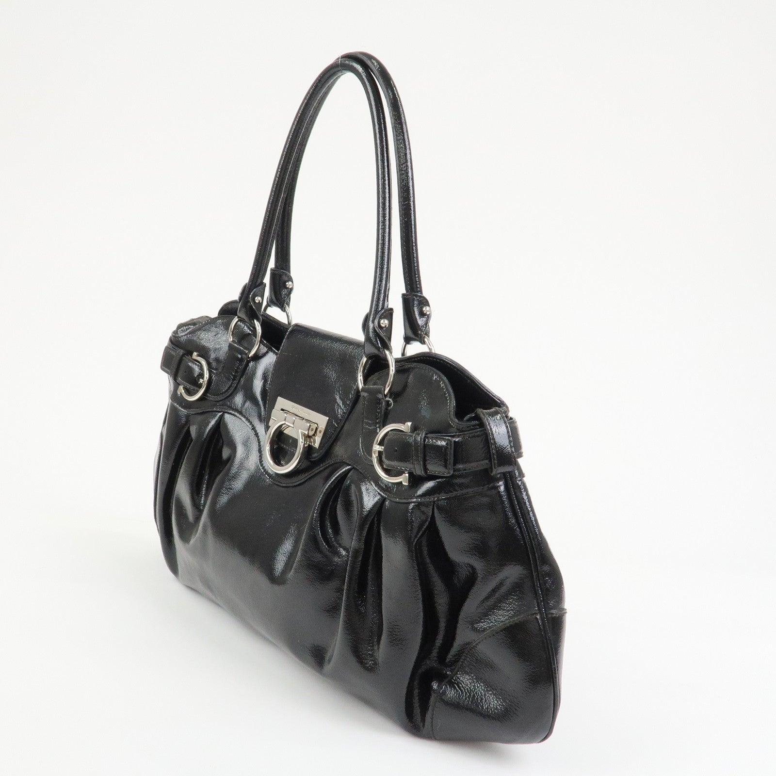 Ferragamo Gancini Patent Leather Hand Bag Shoulder Bag Black