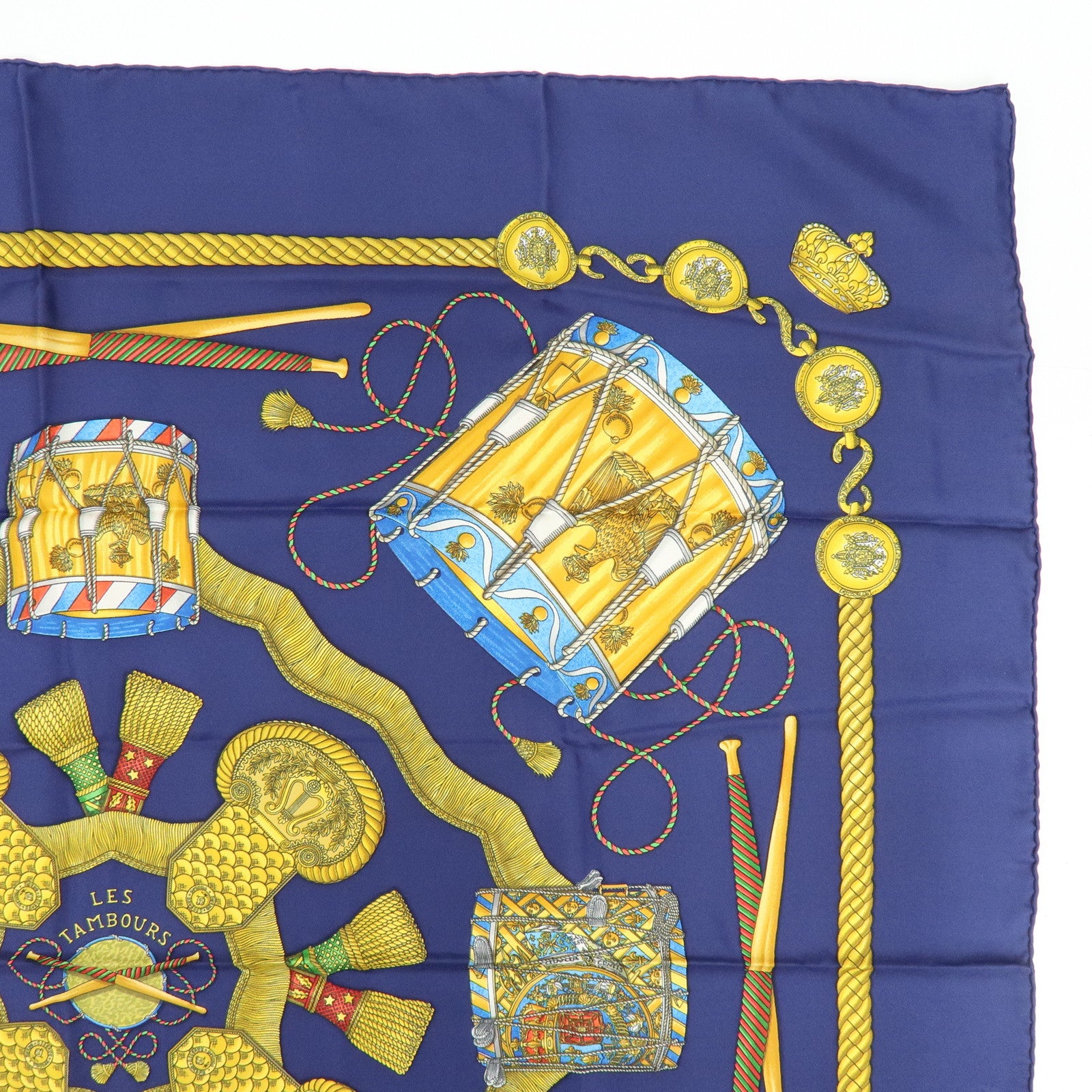 HERMES Carre 90 Silk 100% LES TAMBOURS Scarf Navy Gold