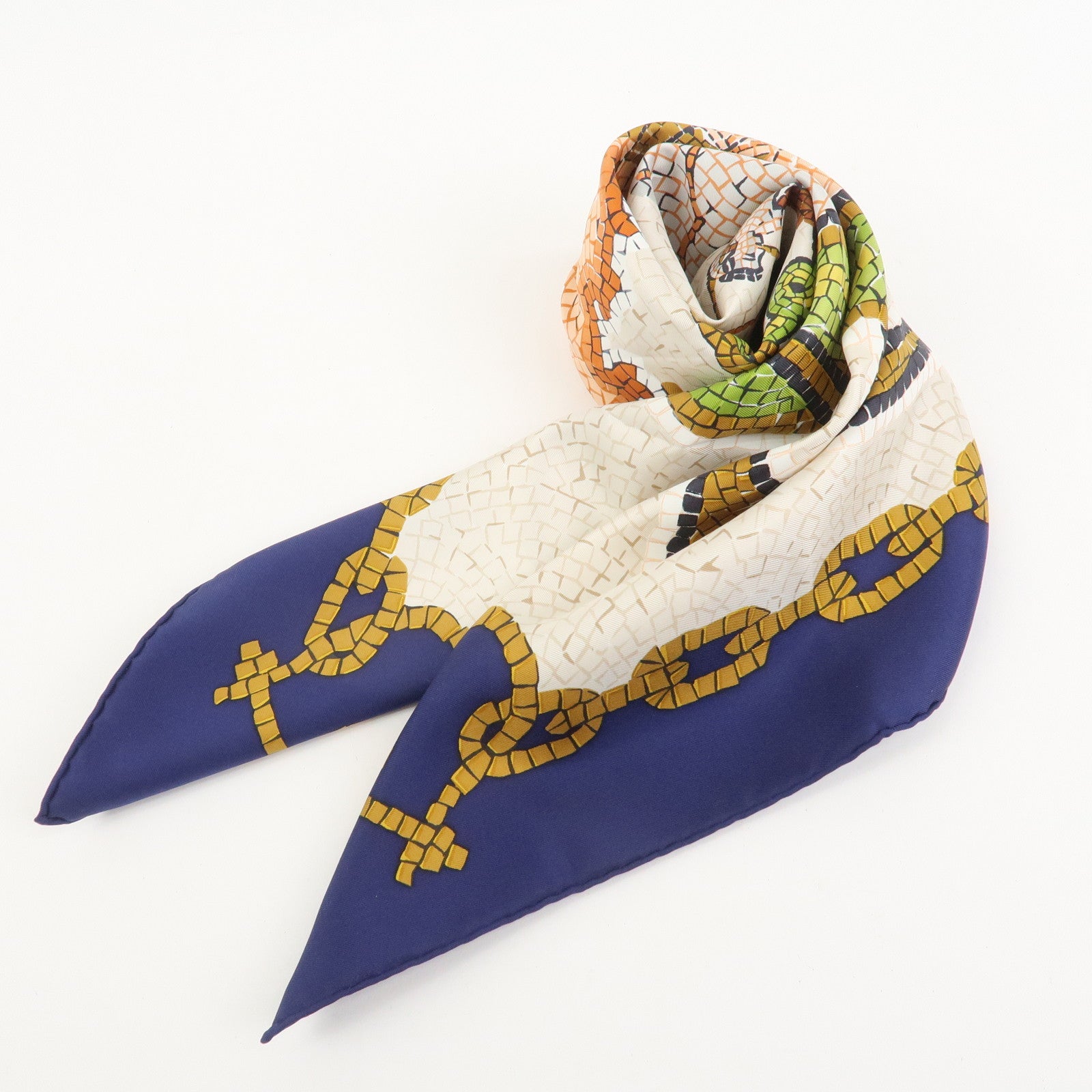 HERMES Carre 90 Silk 100% PROVENCE Scarf Navy Ivory