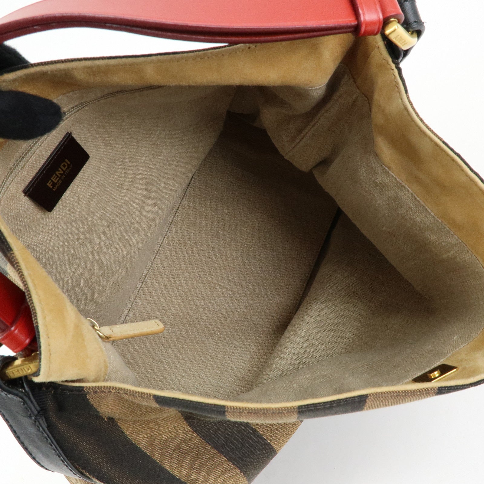 FENDI Pequin Canvas Leather Shoulder Bag Brown Red 8BR653