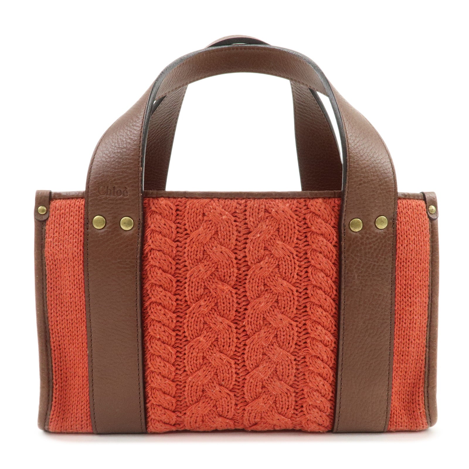 Chloe Knitted Leather Hand Bag Tote Bag Red Brown