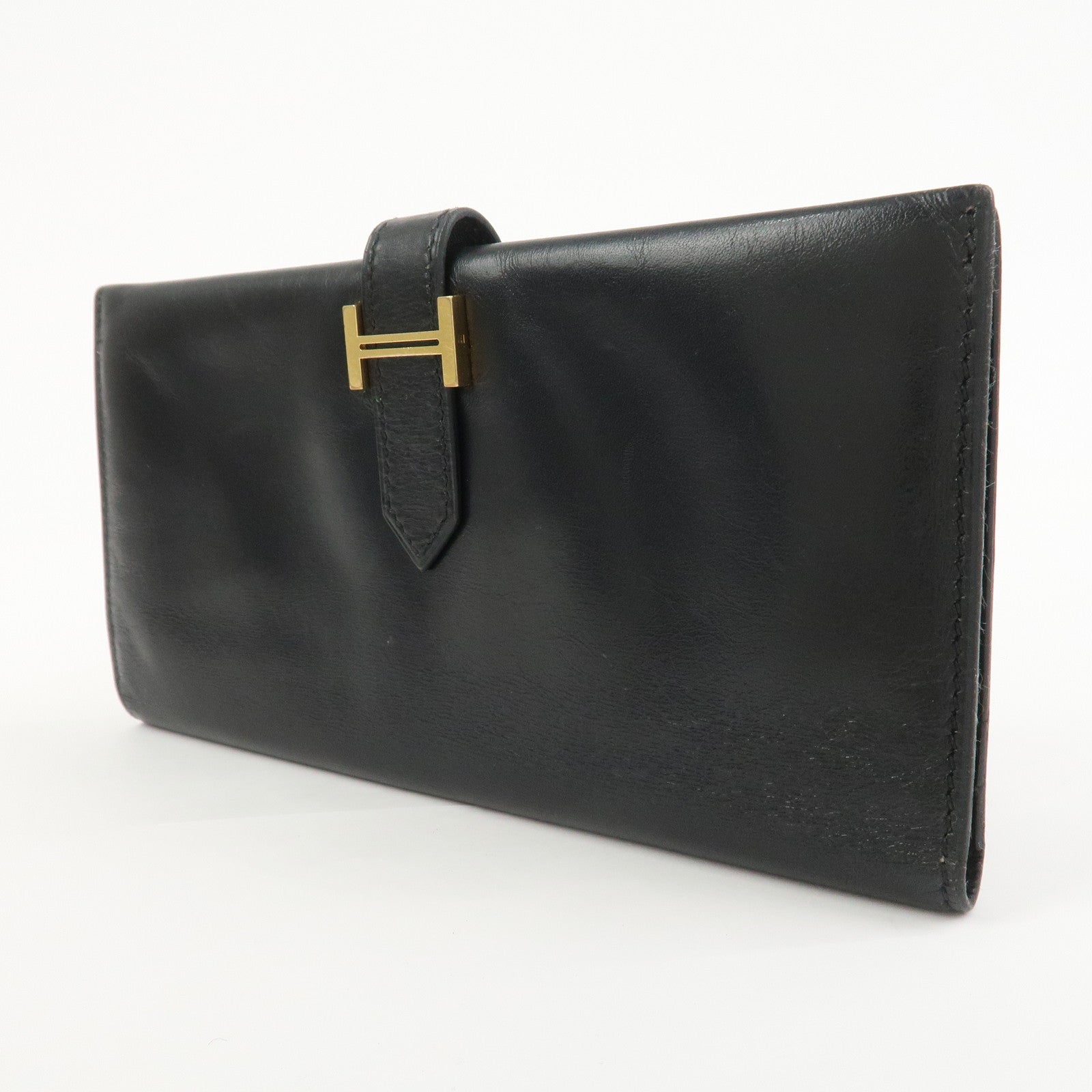 HERMES Bearn Classic Box Calf □E Stamped Bi-Fold Long Wallet Black
