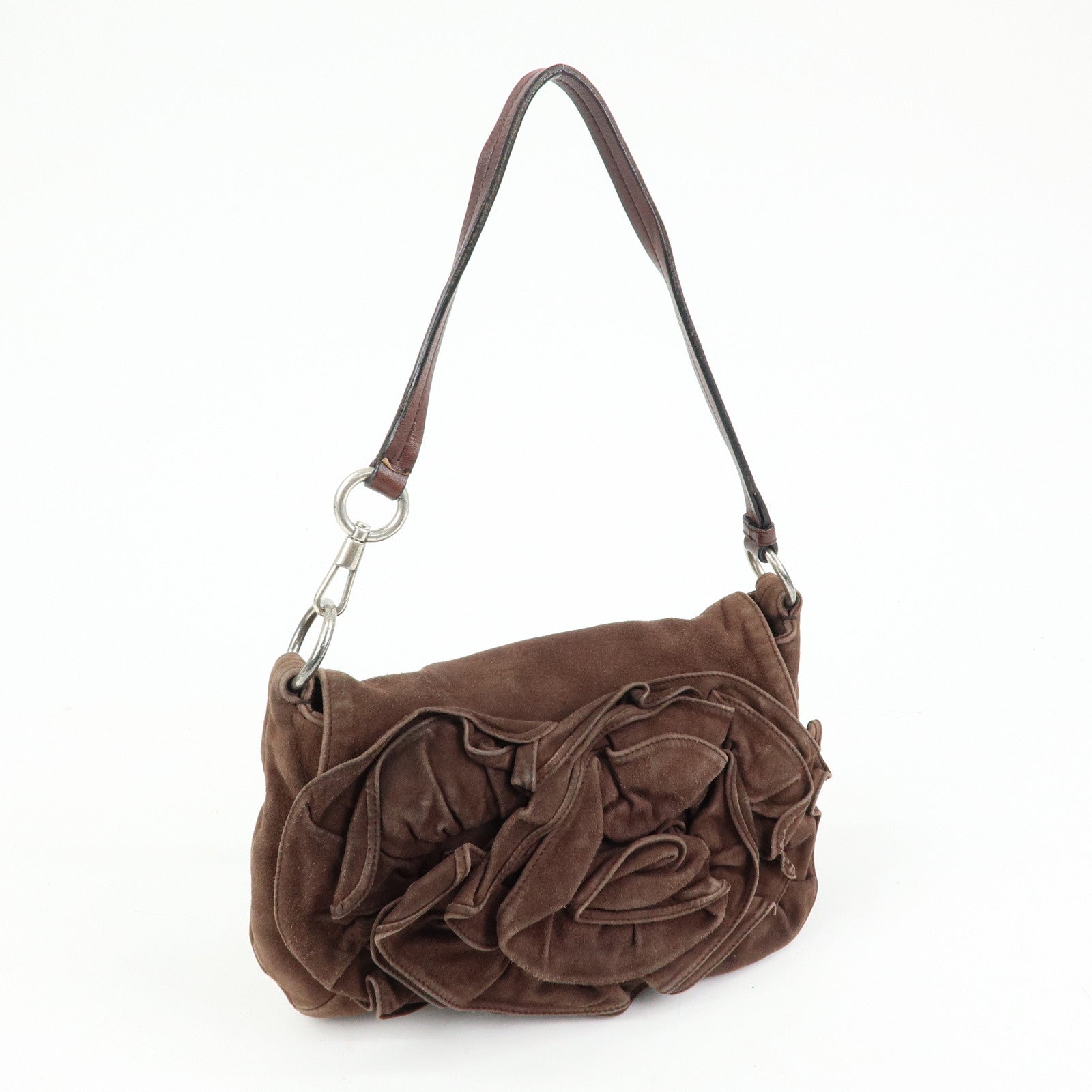 SAINT LAURENT PARIS YSL Naja Flower Suede Shoulder Bag Brown