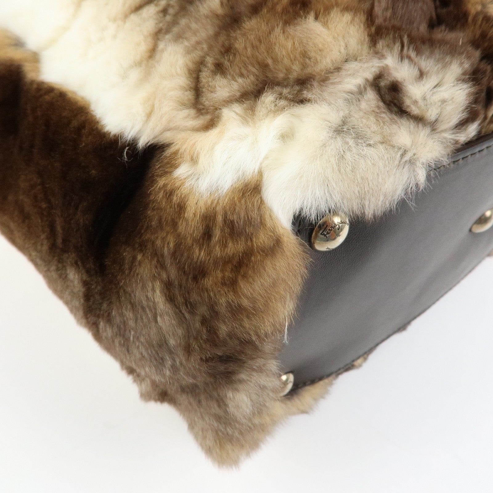Ferragamo Gancini Rabbit Fur Leather Hand Bag Tote Bag Brown