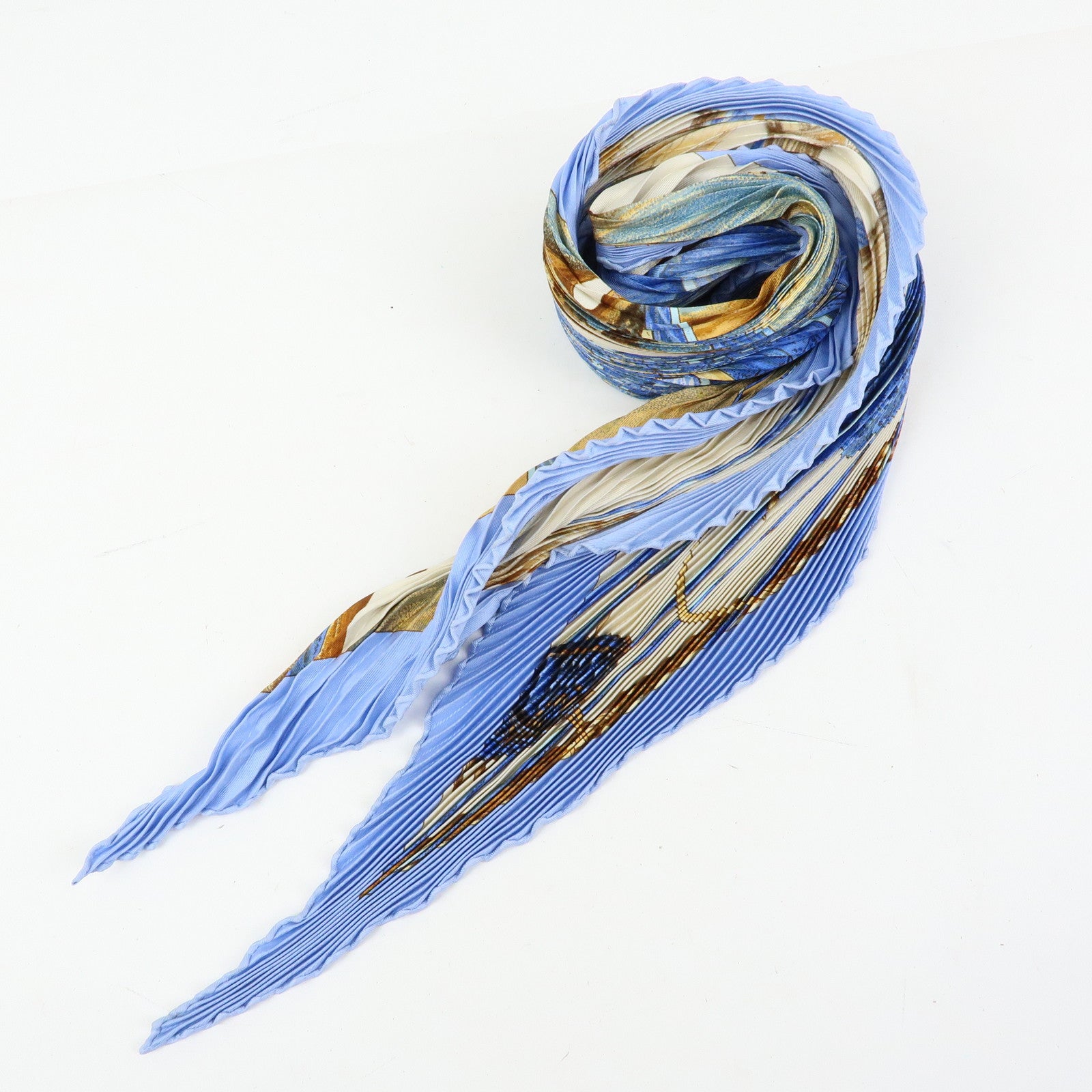 HERMES Pleated Carre 90 Silk 100% Scarf Jardin Creole Light Blue