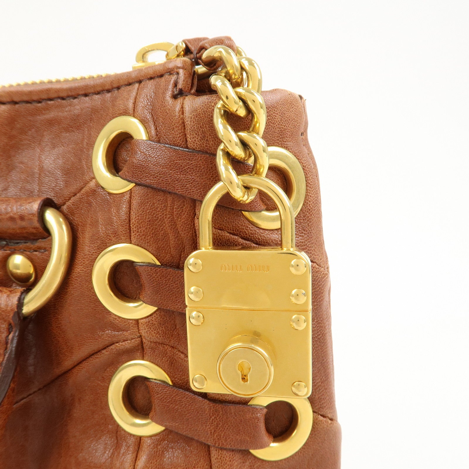 MIU MIU Logo Leather 2Way Bag Hand Bag Shoulder Bag Brown