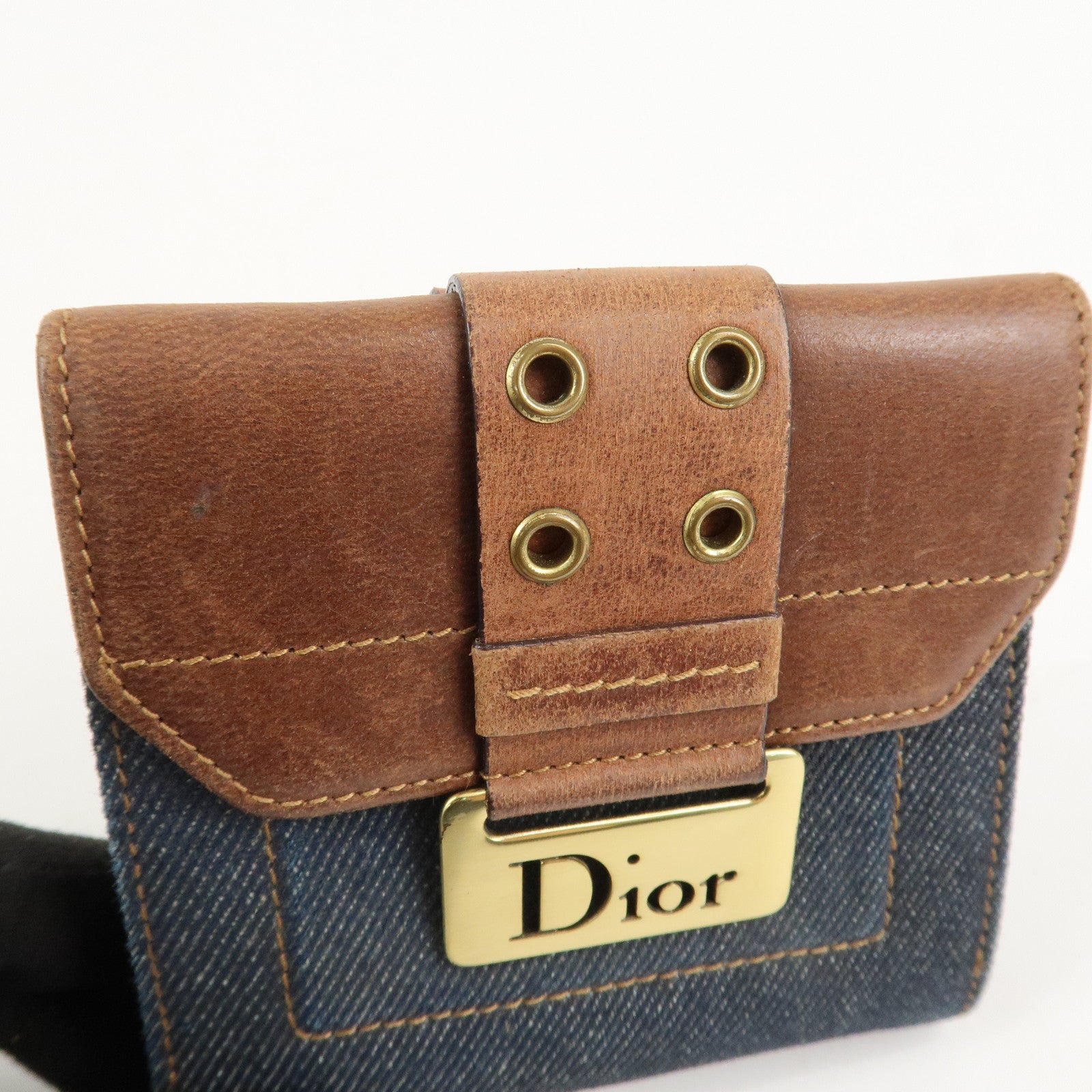 Christian Dior Leather Denim Bi-fold Compact Wallet 46BM-0024 Used