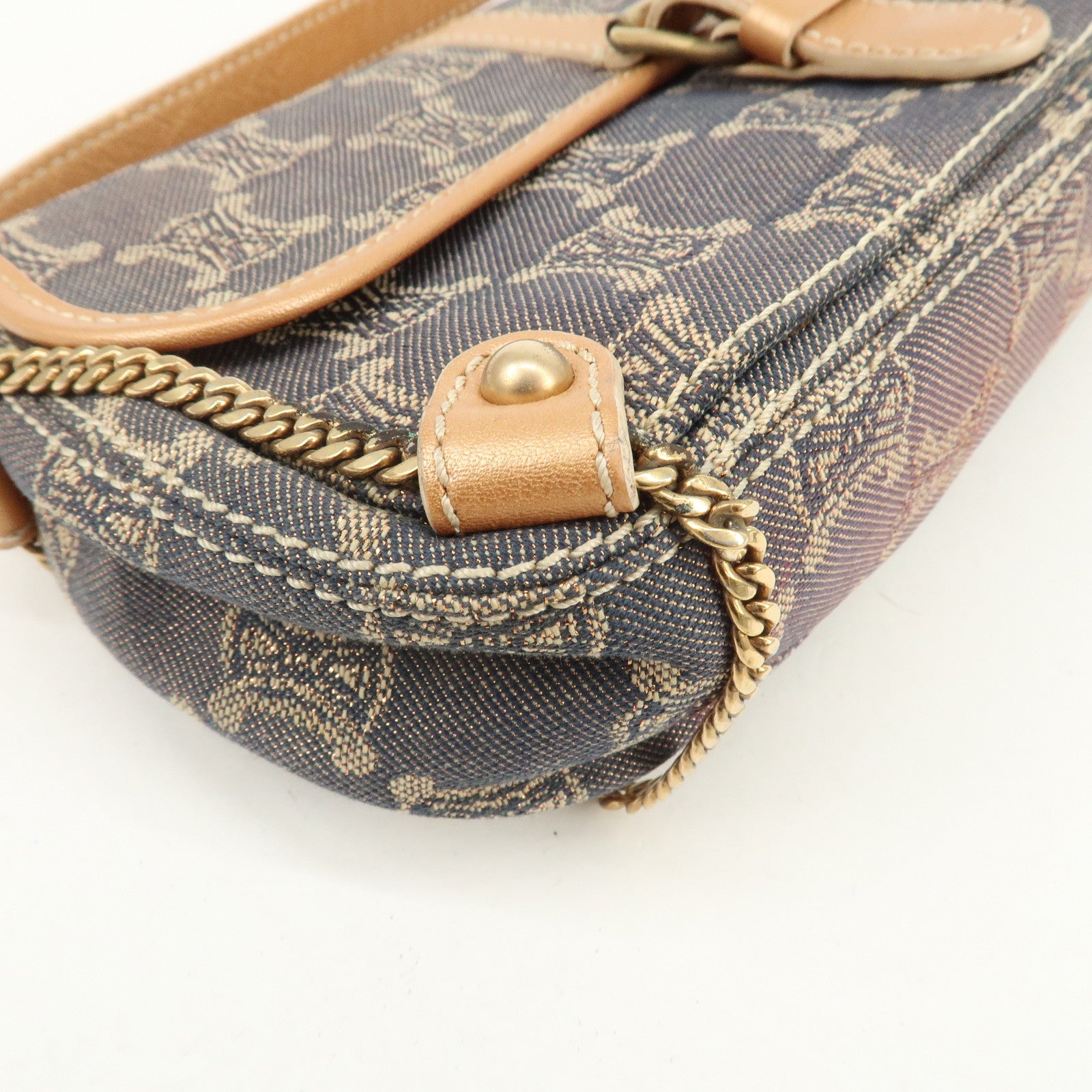 CELINE Macadam Denim Leather Shoulder Bag Metalic Pink Beige Navy