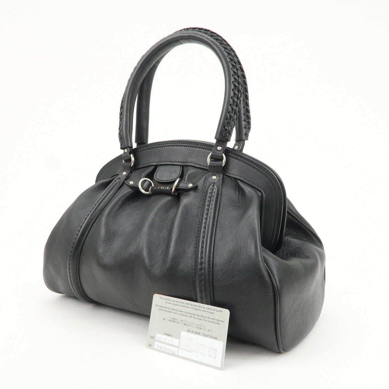 Christian Dior Logo Leather Hand Bag Shoulder Bag Black Silver