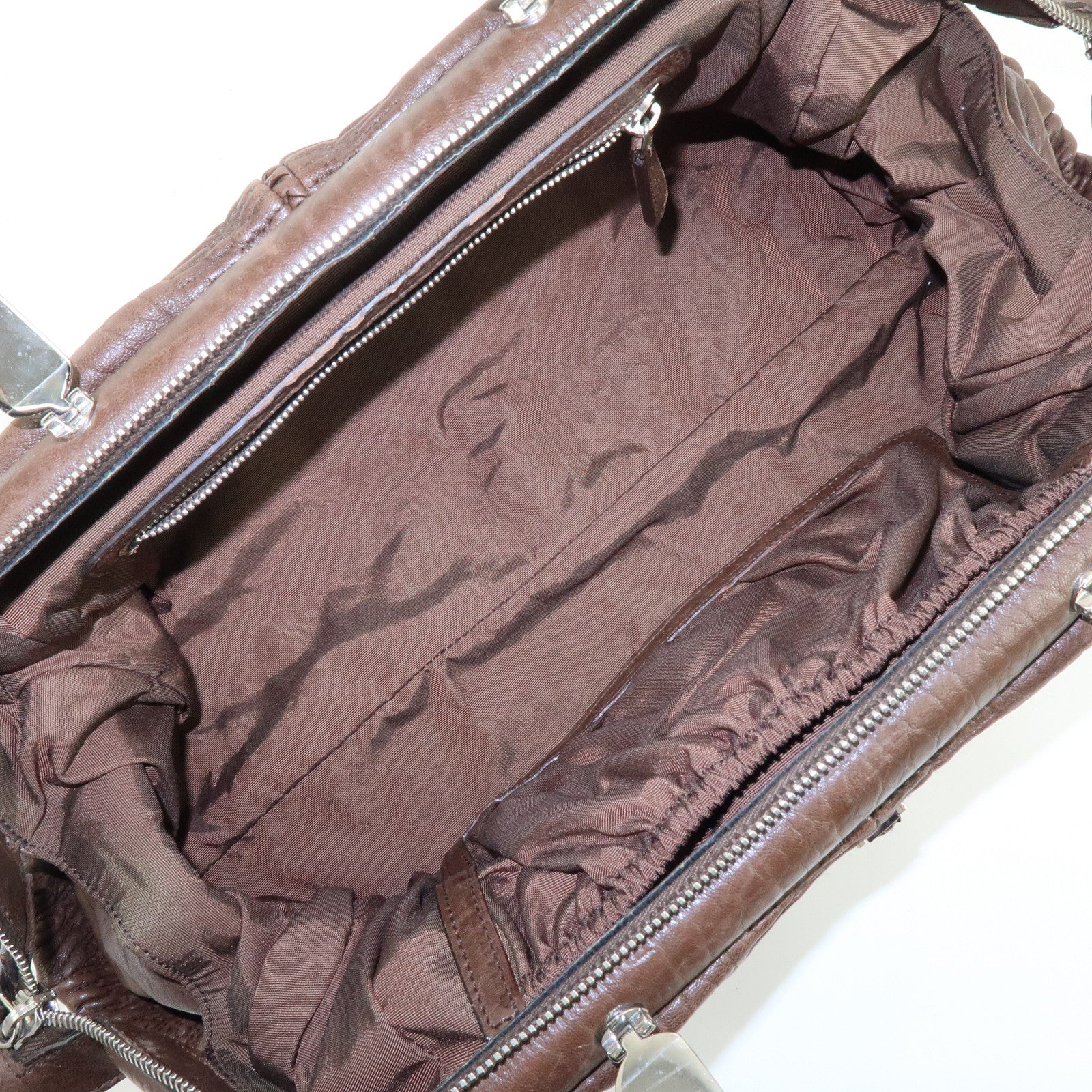 Christian Dior Embossed Gathered Leather Boston Bag Hand Bag Brown