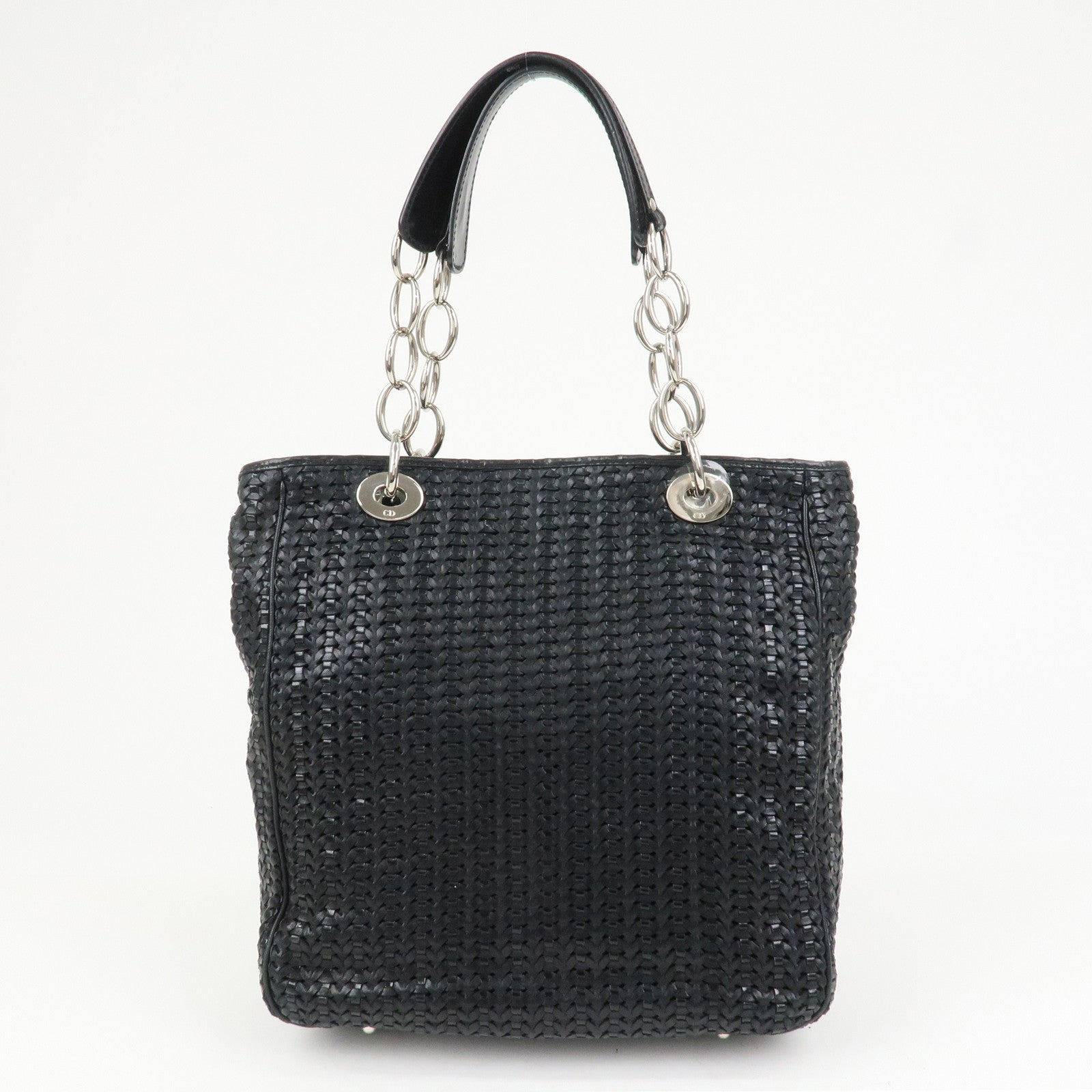 Christian Dior Woven Leather Logo Charm Chain Tote Bag Black