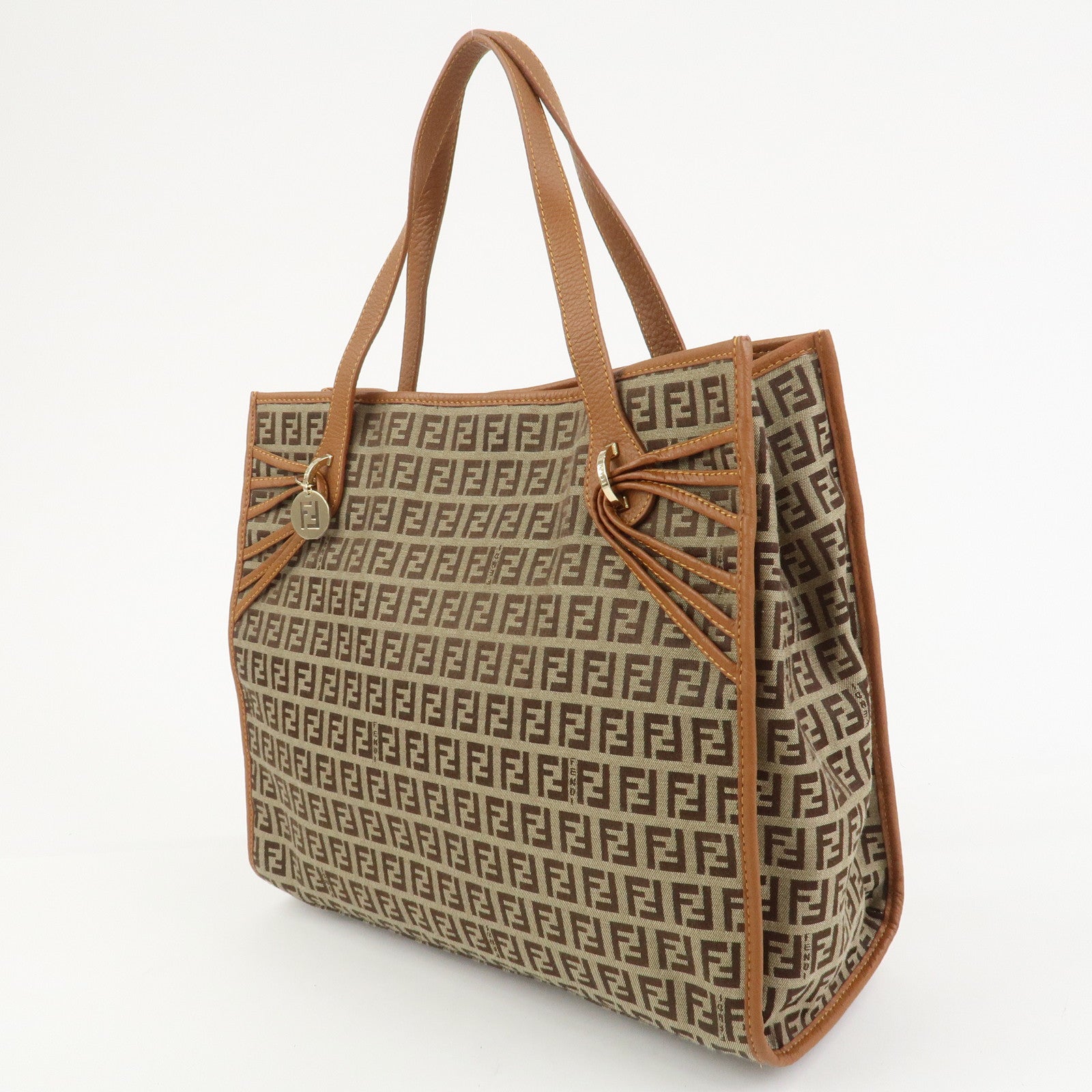 FENDI Zuccino Canvas Leather Tote Bag Hand Bag Brown 8BH153