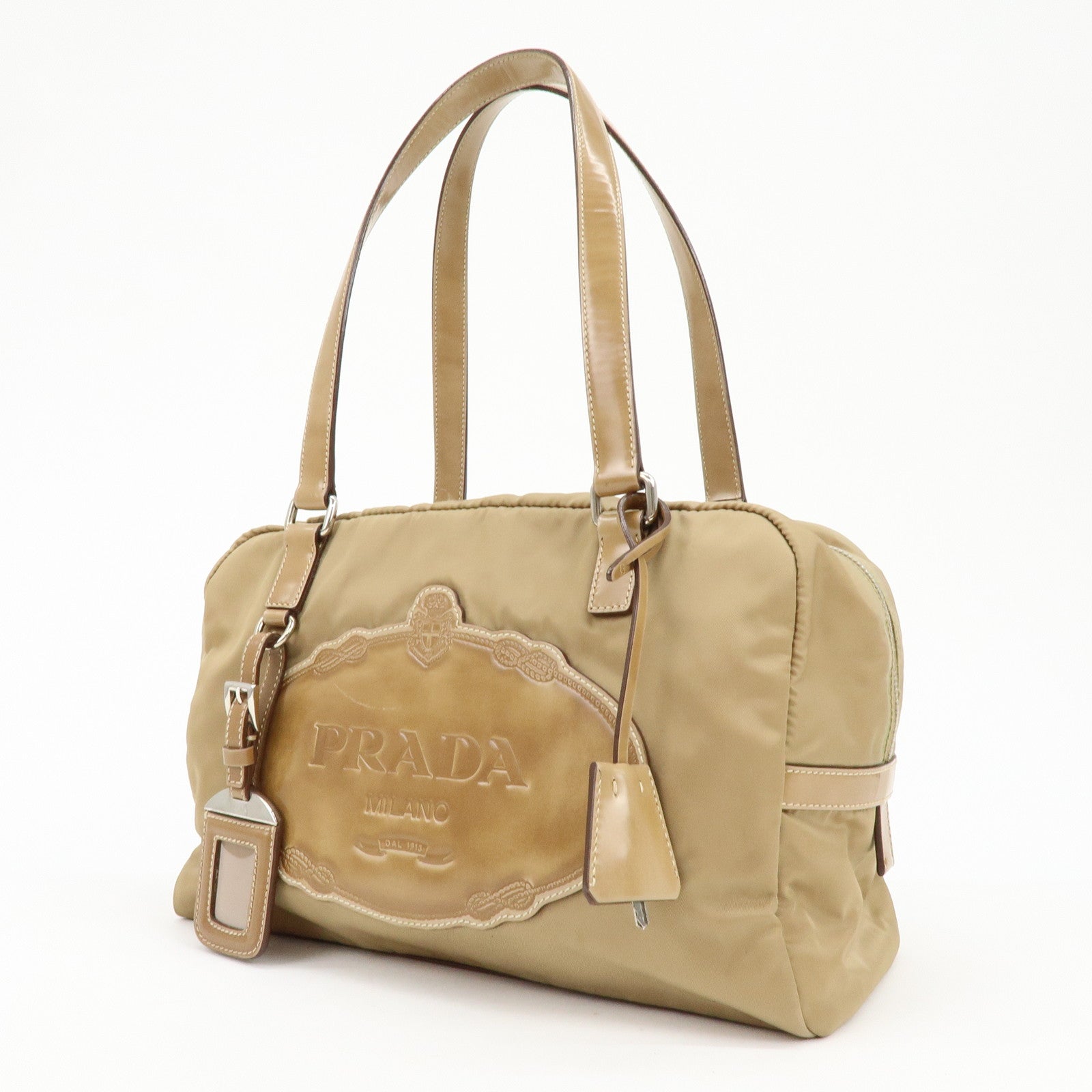 PRADA Logo Nylon Leather Shoulder Bag Boston Bag Beige BR3150