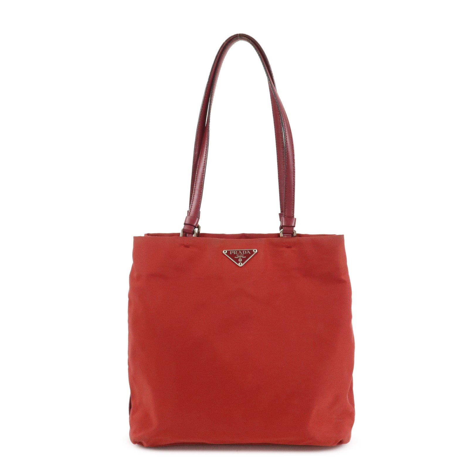 PRADA Triangle Logo Nylon Leather Tote Bag Shoulder Bag Red