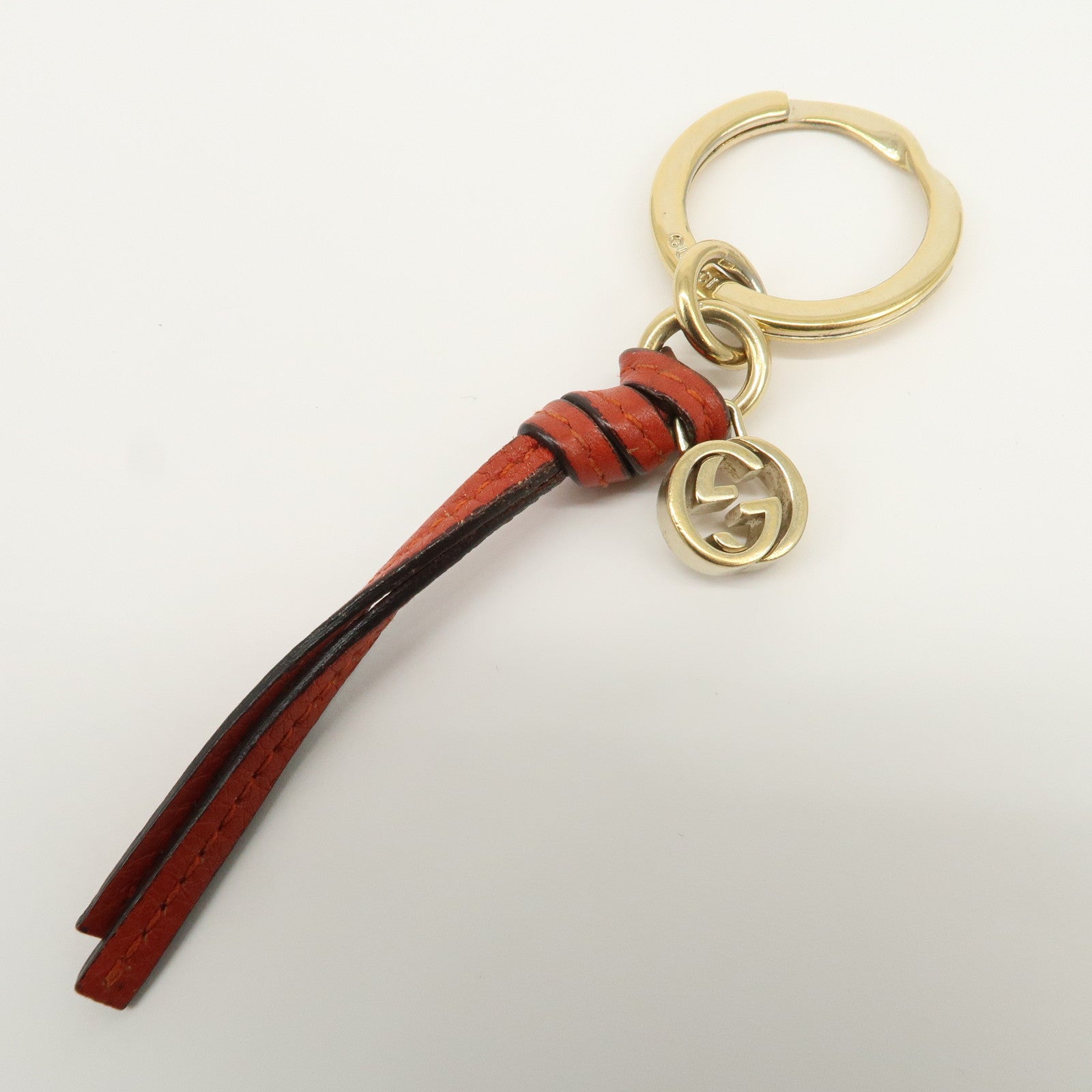 GUCCI Interlocking G Leather Metal Bag Charm Key Chain Orange Gold
