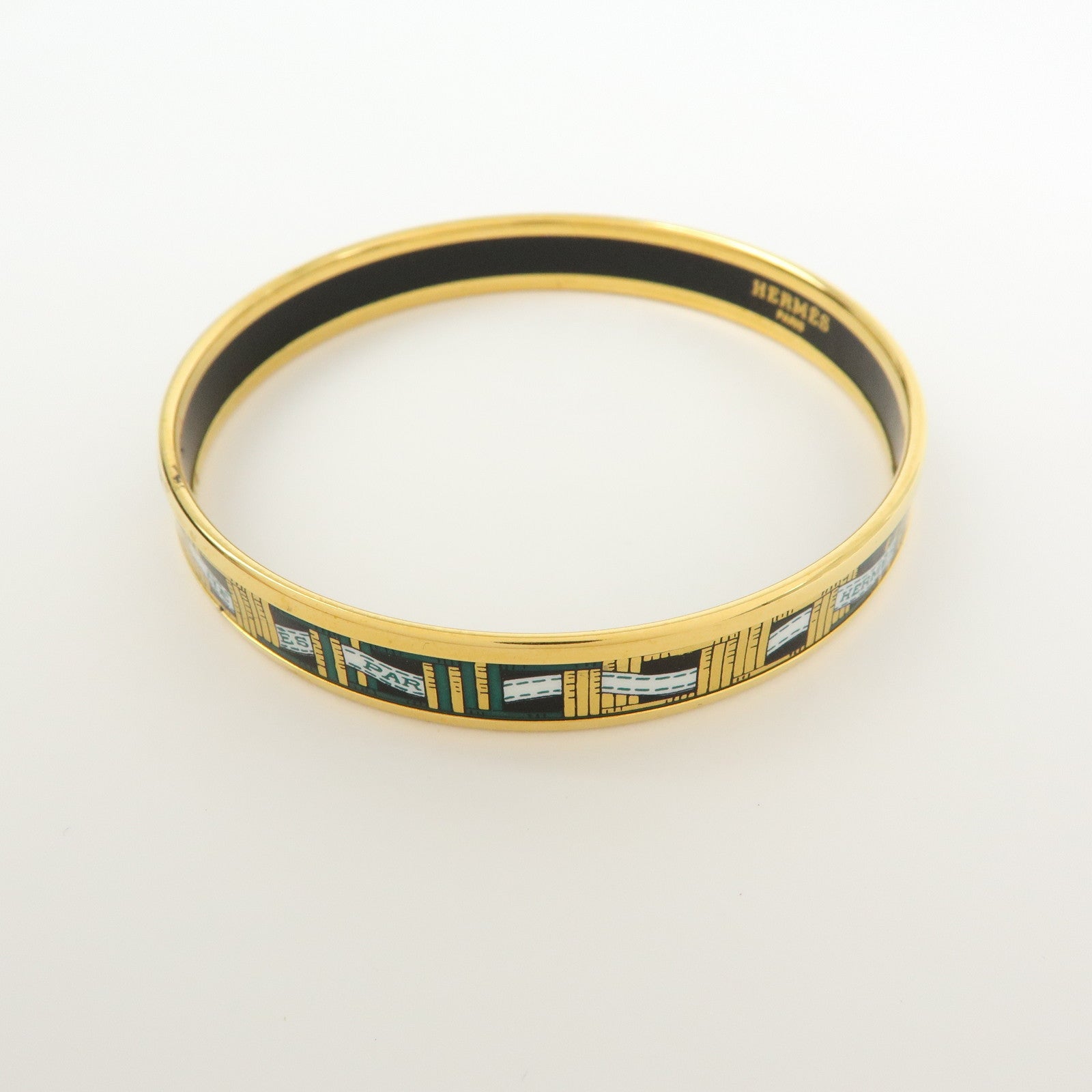 HERMES Email PM Plated Bracelet Bangle Gold Dark Green