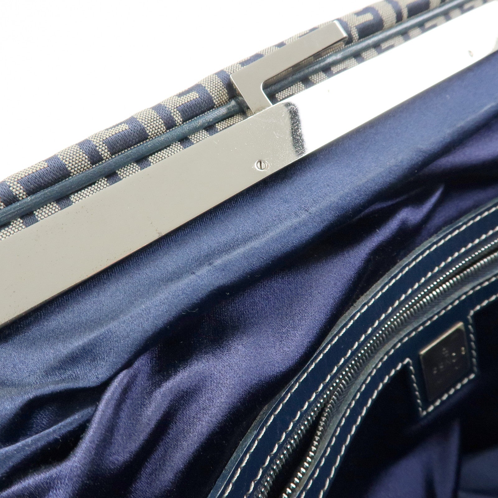 FENDI Zucchino Canvas Leather Tote Bag Shoulder Bag Boston Bag Navy