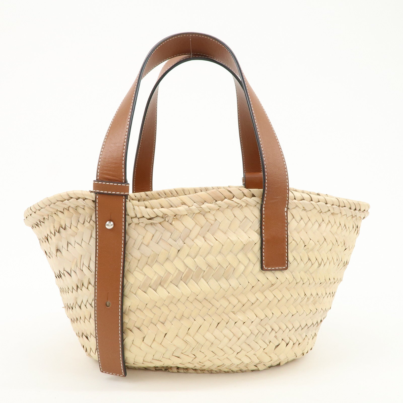 LOEWE Anagram Raffia Leather Basket Bag Hand Bag Natural Brown 2435