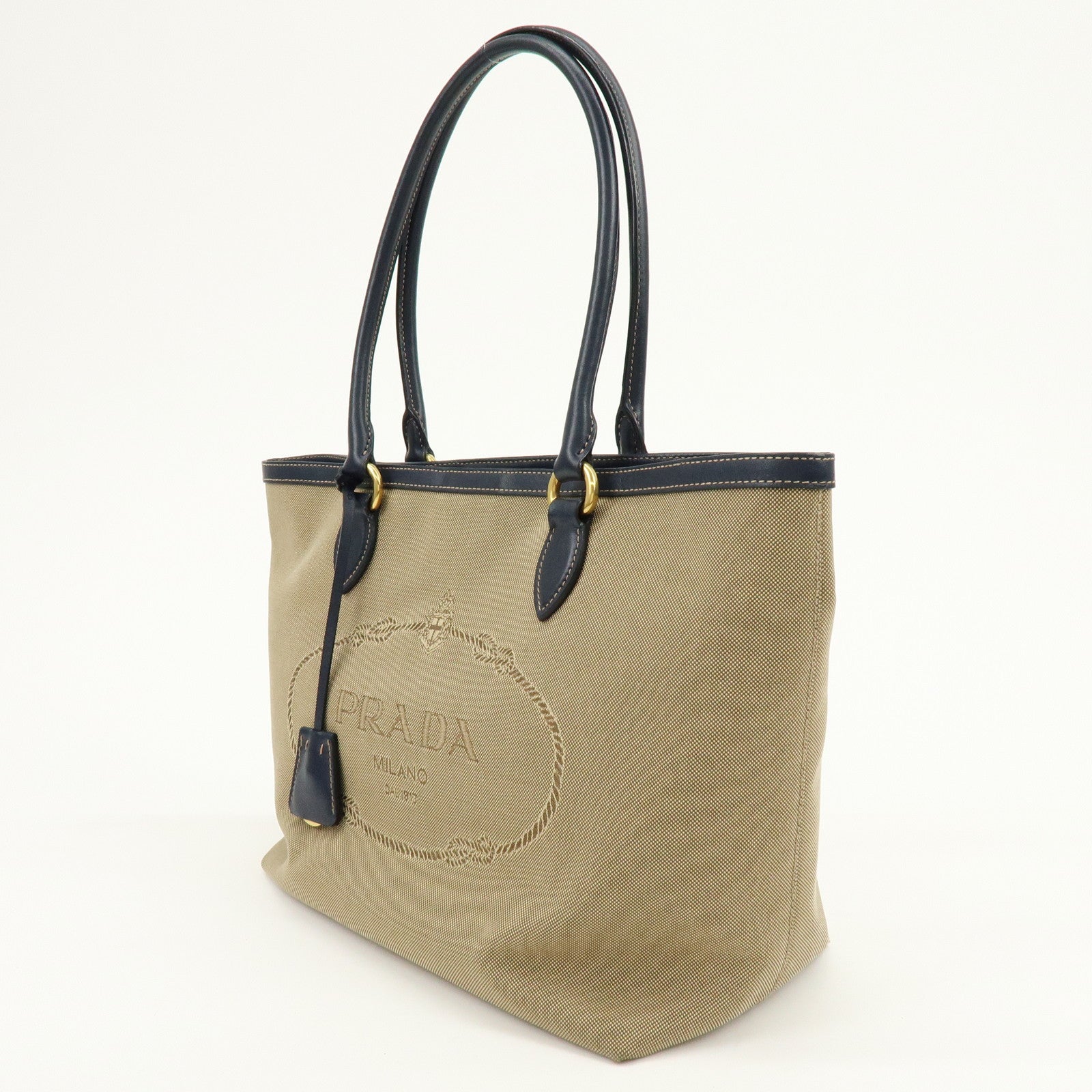 PRADA Logo Jacquard Leather Tote Bag Hand Bag Beige Navy