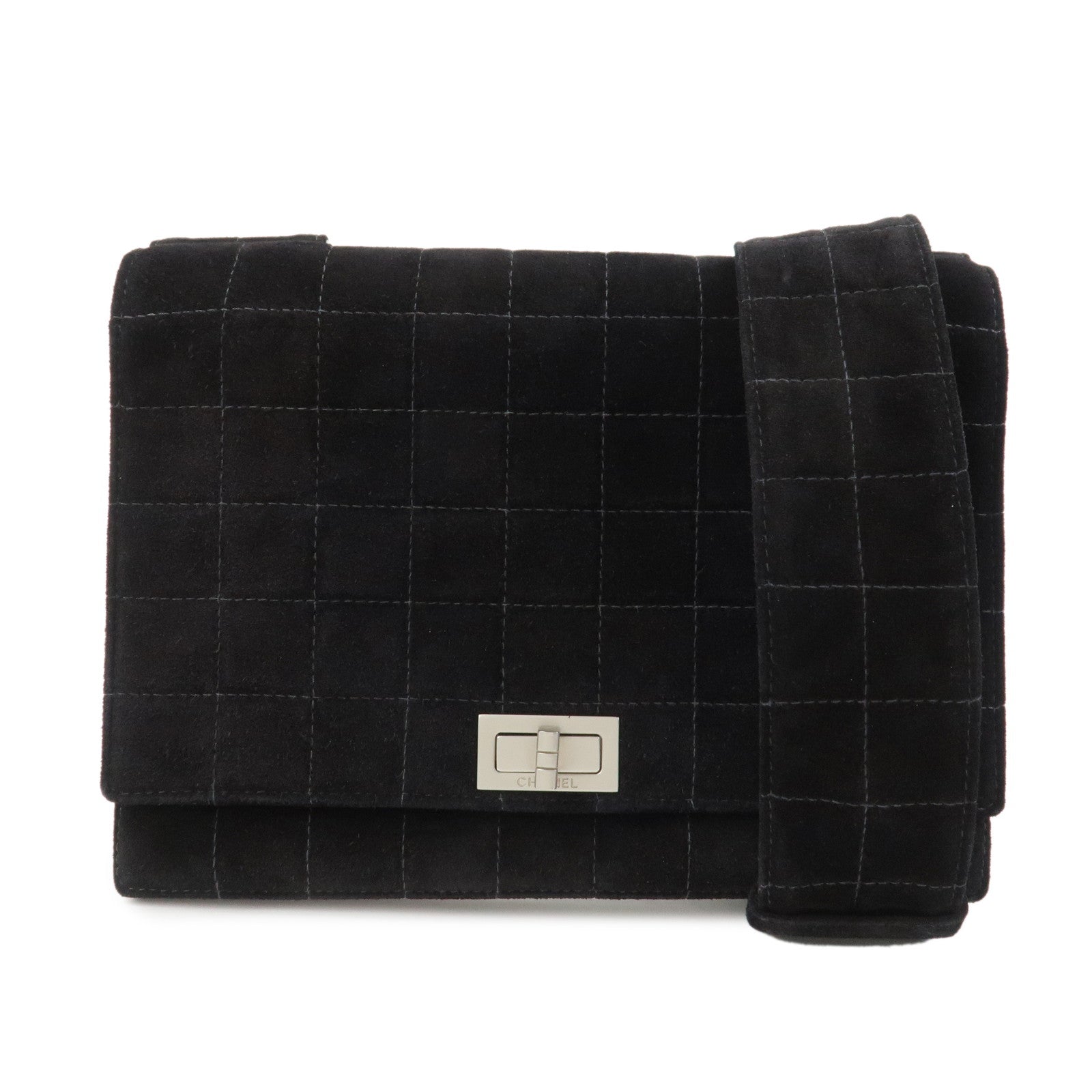 CHANEL Chocolate Bar Suede Shoulder Bag Crossbody Bag Black