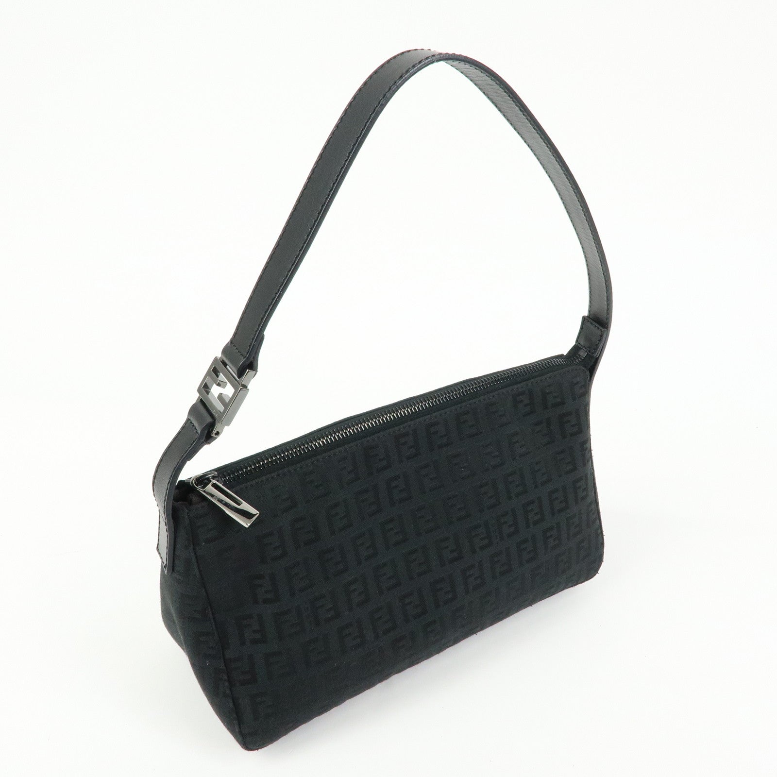FENDI Zucchino Canvas Leather Shoulder Bag Hand Bag Black 8BR444