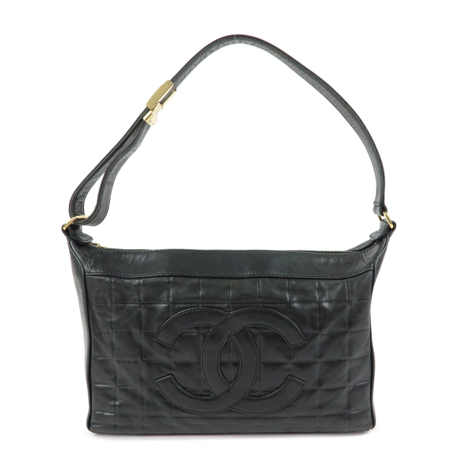 CHANEL Chocolate Bar COCO Mark Lamb Skin Hand Shoulder Bag Black