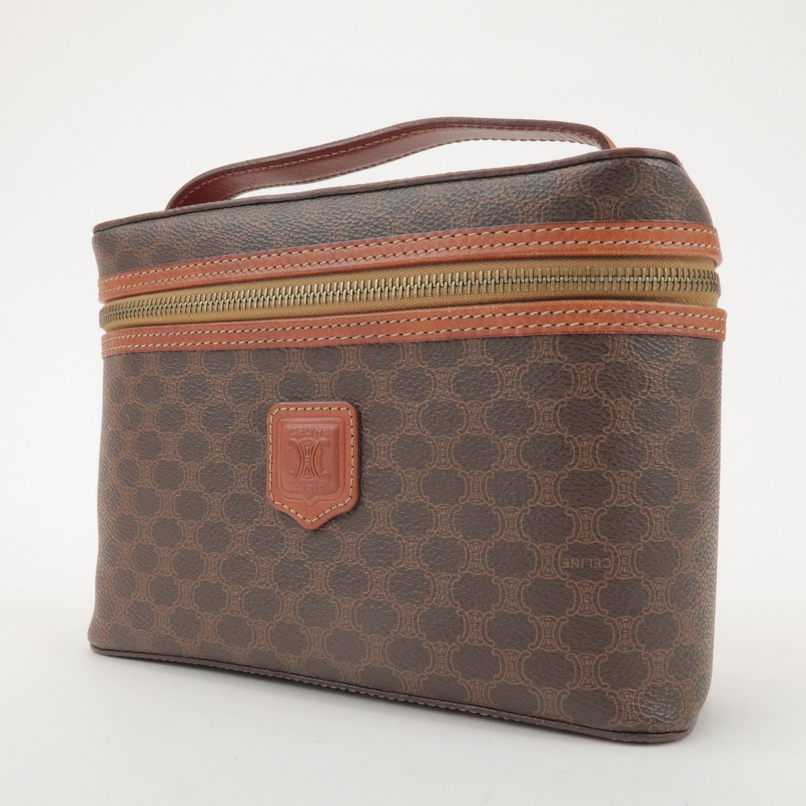 CELINE Macadam PVC Coated Canvas Leather Hand Bag Vanity Bag Brown