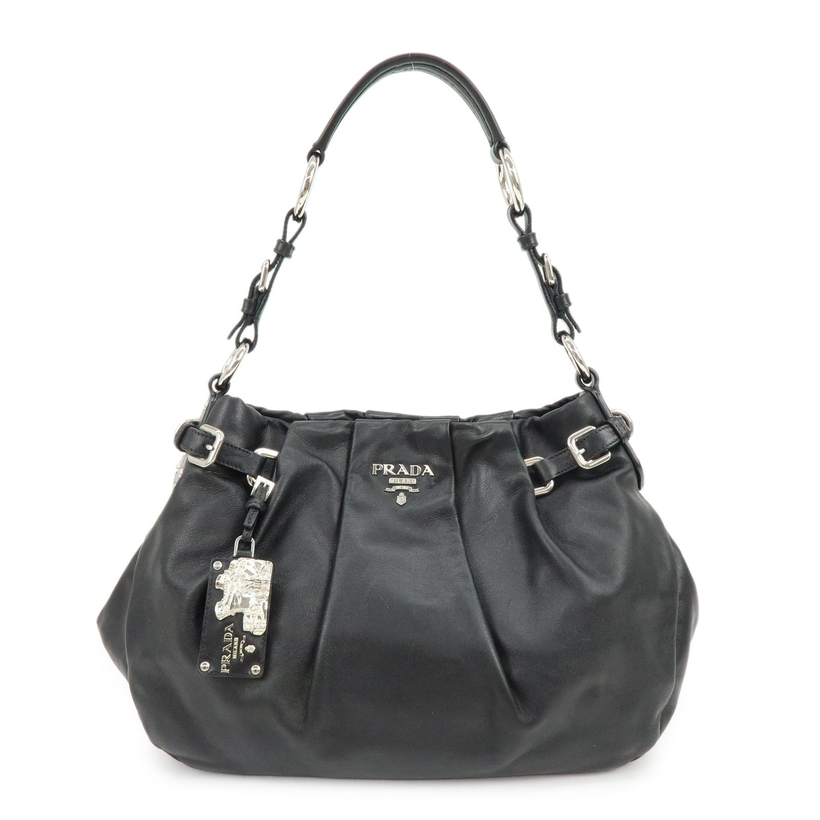 PRADA Logo Soft Calf Leather Side Belted Shoulder Bag Black BR3975