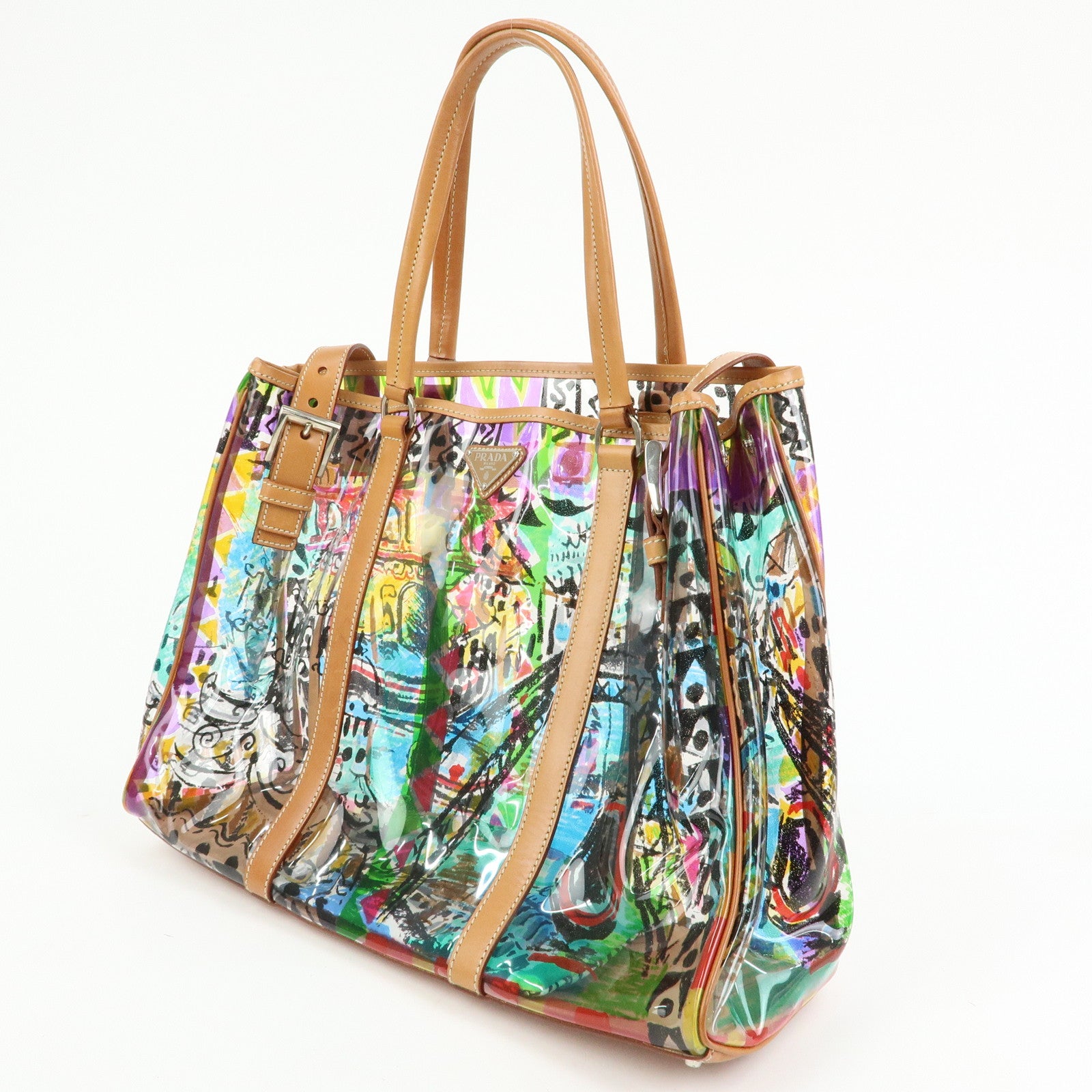 PRADA Venetian Print PVC Leather Tote Bag Clear Multicolor BR2515
