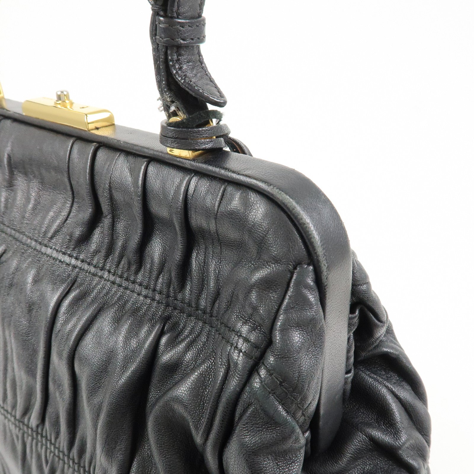 PRADA Logo Nappa Leather Gathered Shoulder Bag Hand Bag Black