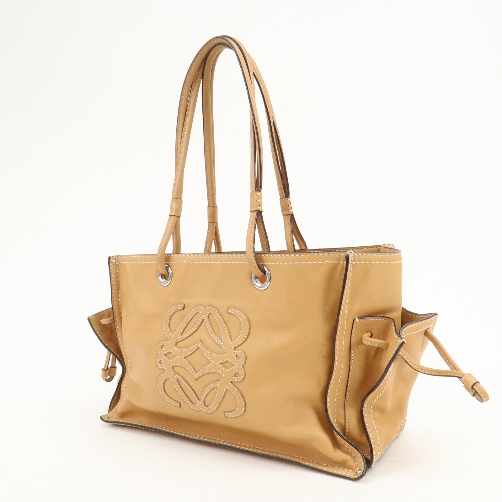 LOEWE Anagram Leather Shopper Tote Bag Hand Bag Light Brown
