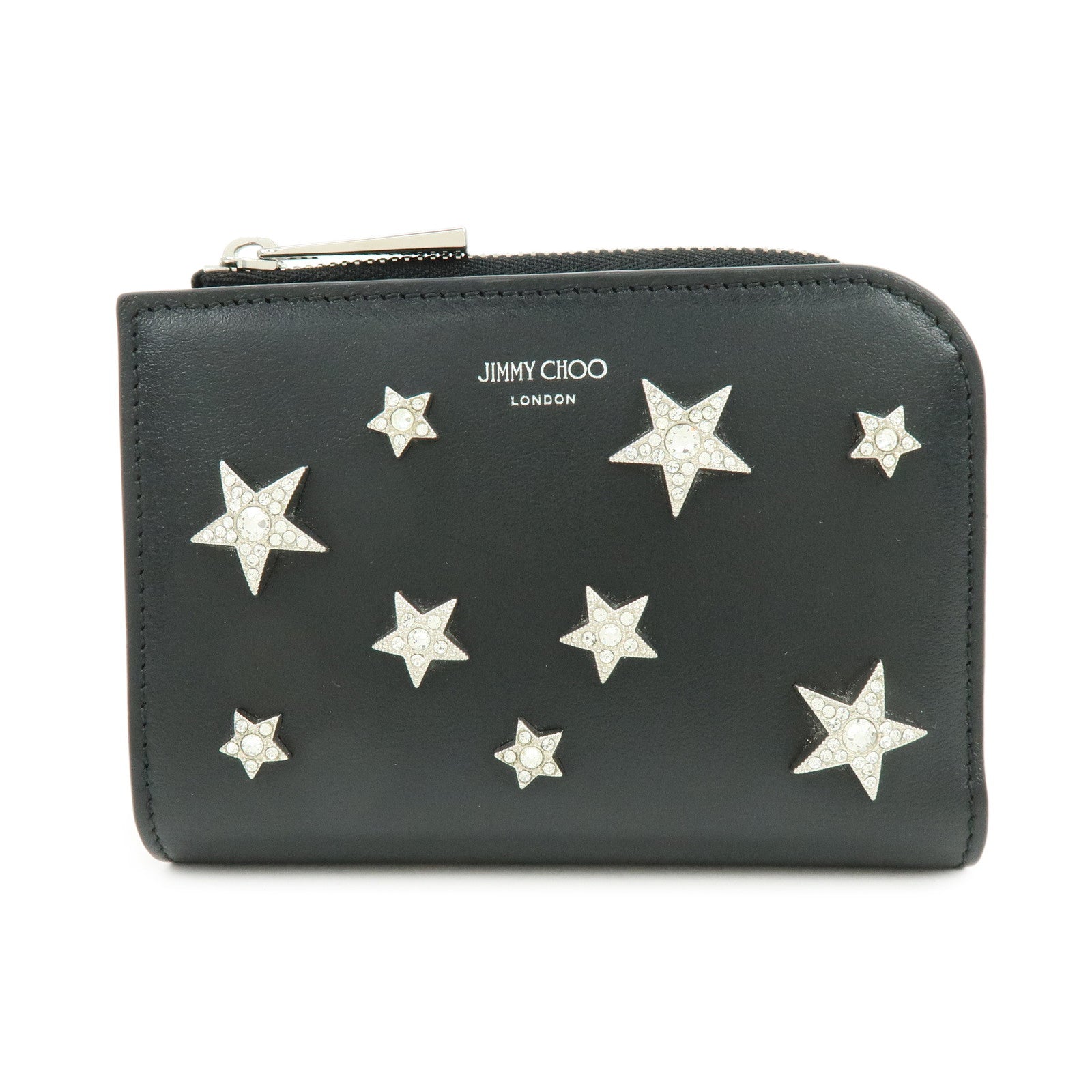 JIMMY CHOO Leather Compact  Zippy Wallet Star Studs Black