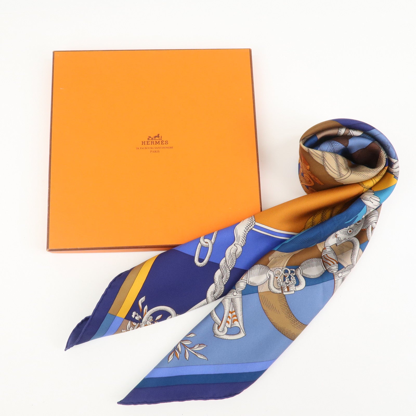 HERMES Carre 90 Silk 100% Scarf DELLA CAVALLERIA Blue Brown