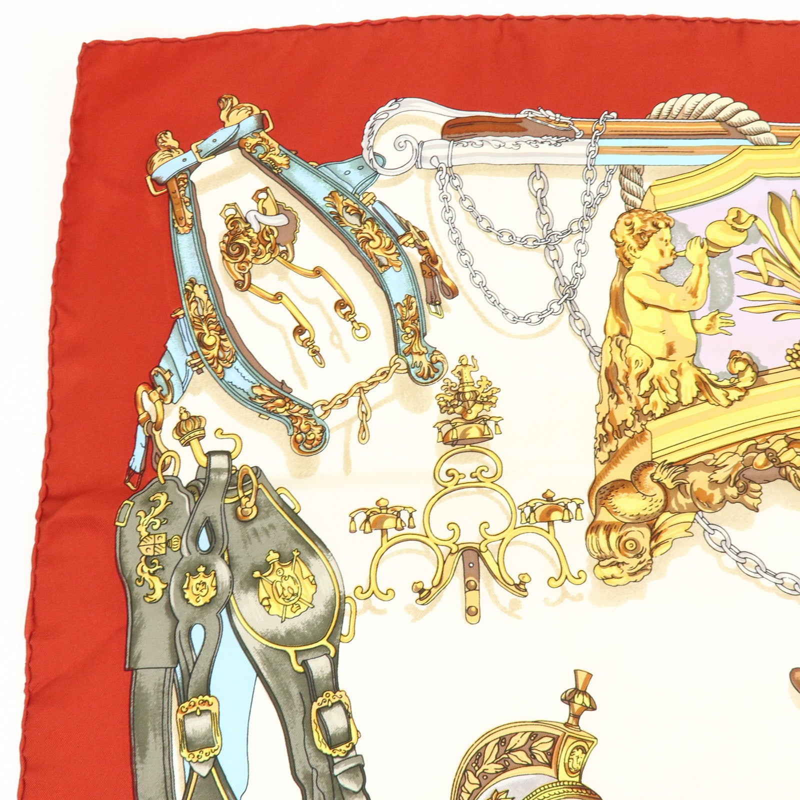 HERMES Carre 90 Silk 100% Scarf MUSEE Museum Print Red Beige