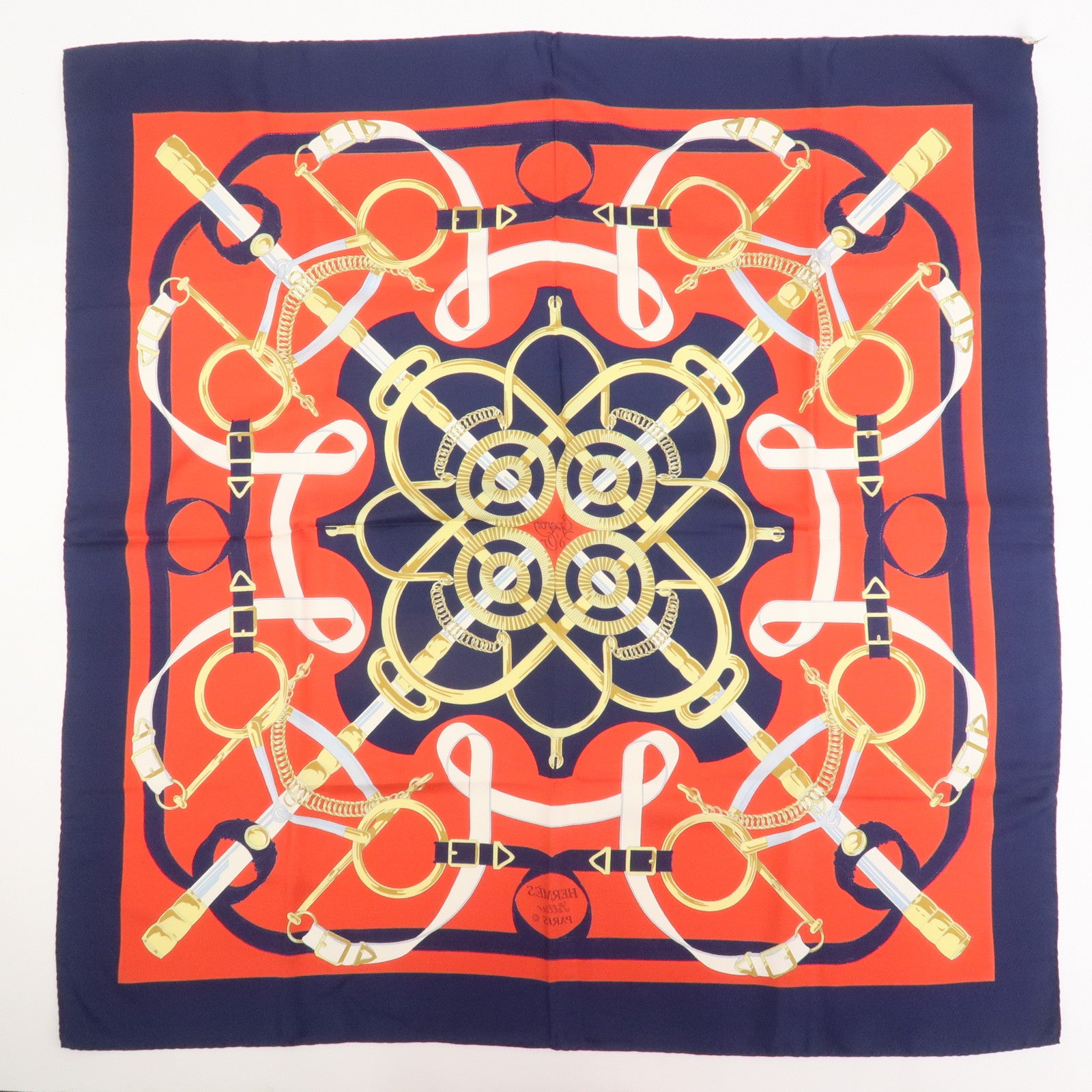 HERMES Carre 90 Silk 100% Scarf Eperon d'or White Navy